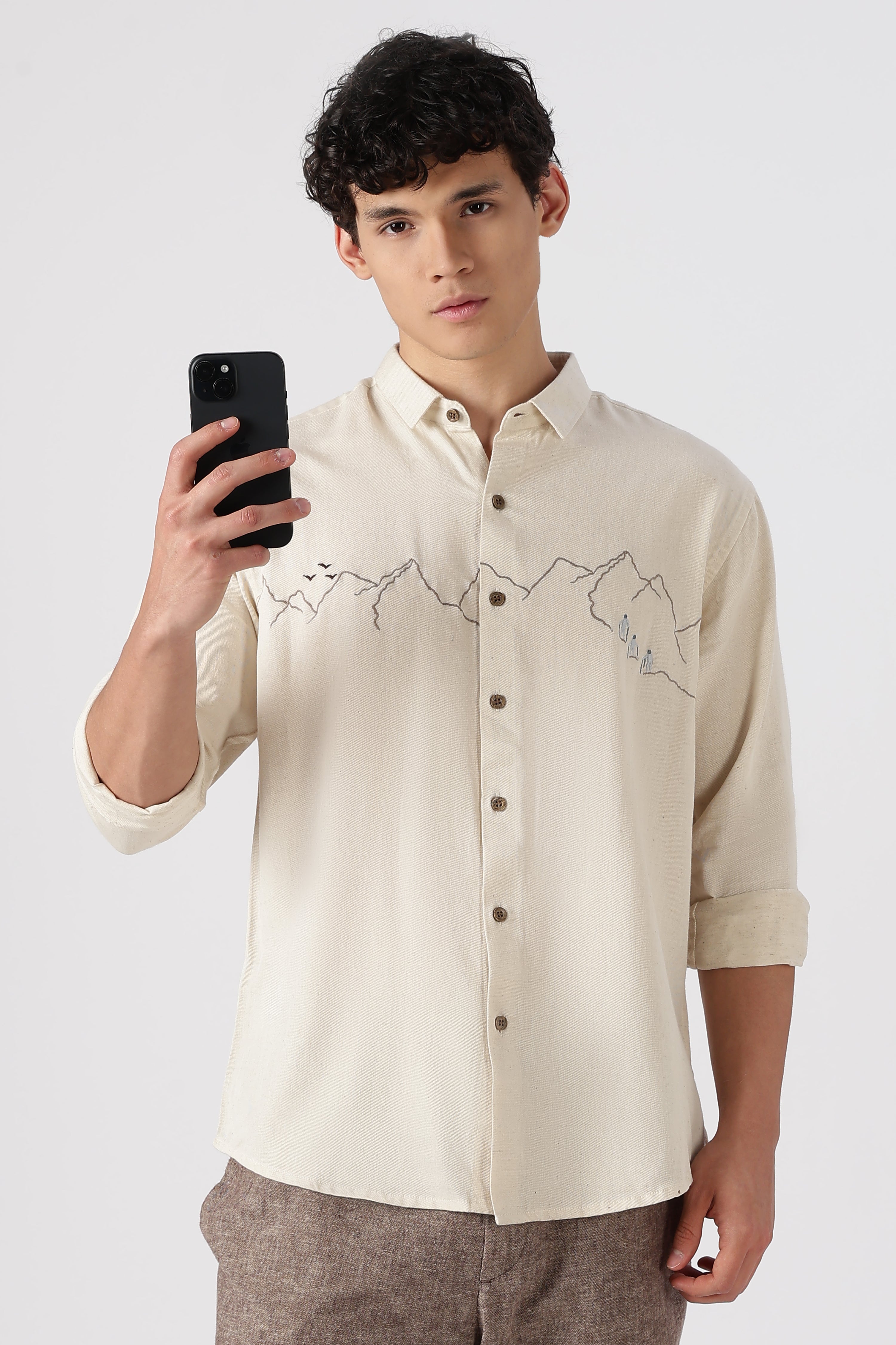 Summit Trek Cotton Regular Fit Beige Embroidered Shirt