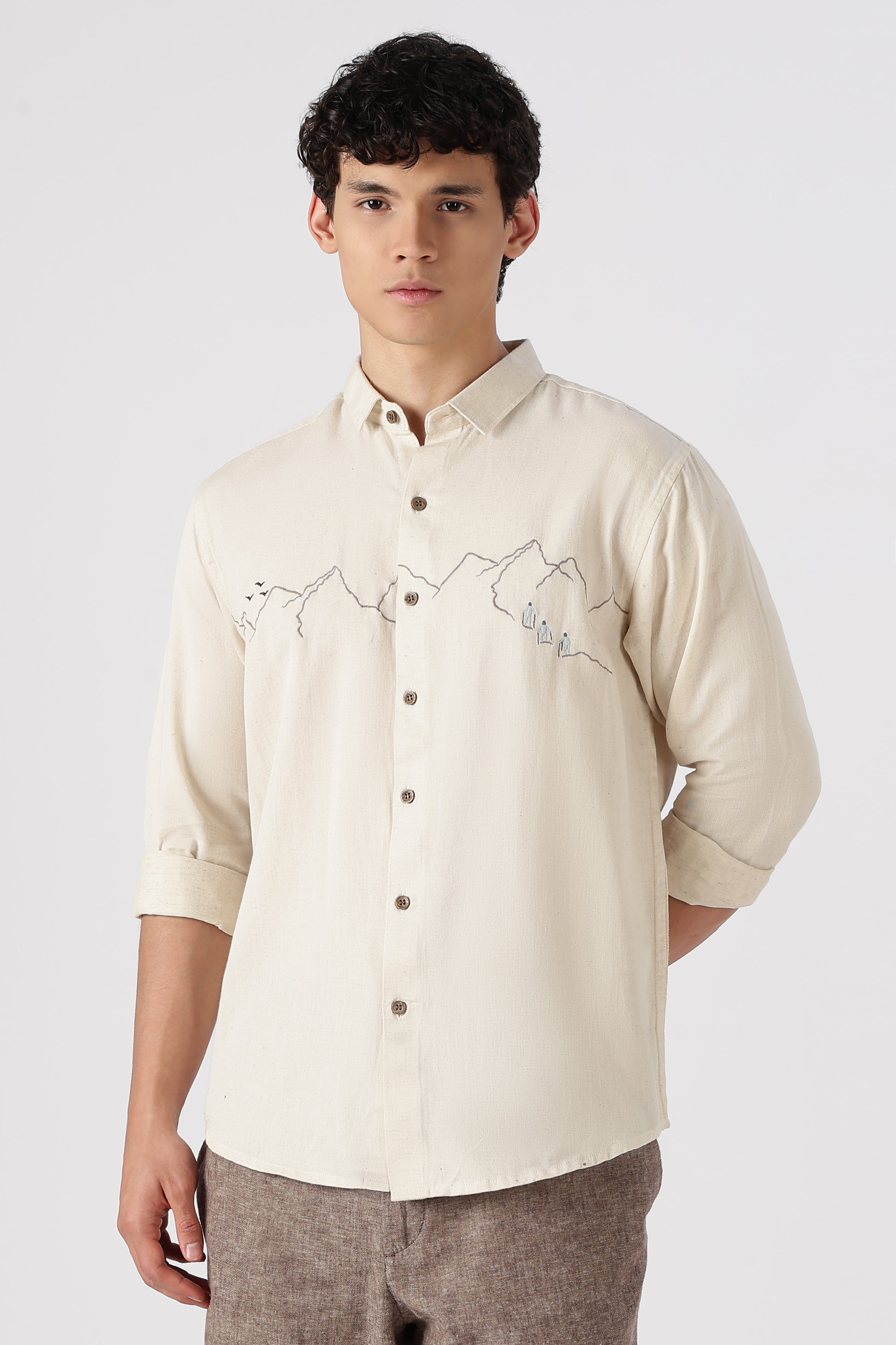 Summit Trek Cotton Regular Fit Beige Embroidered Shirt