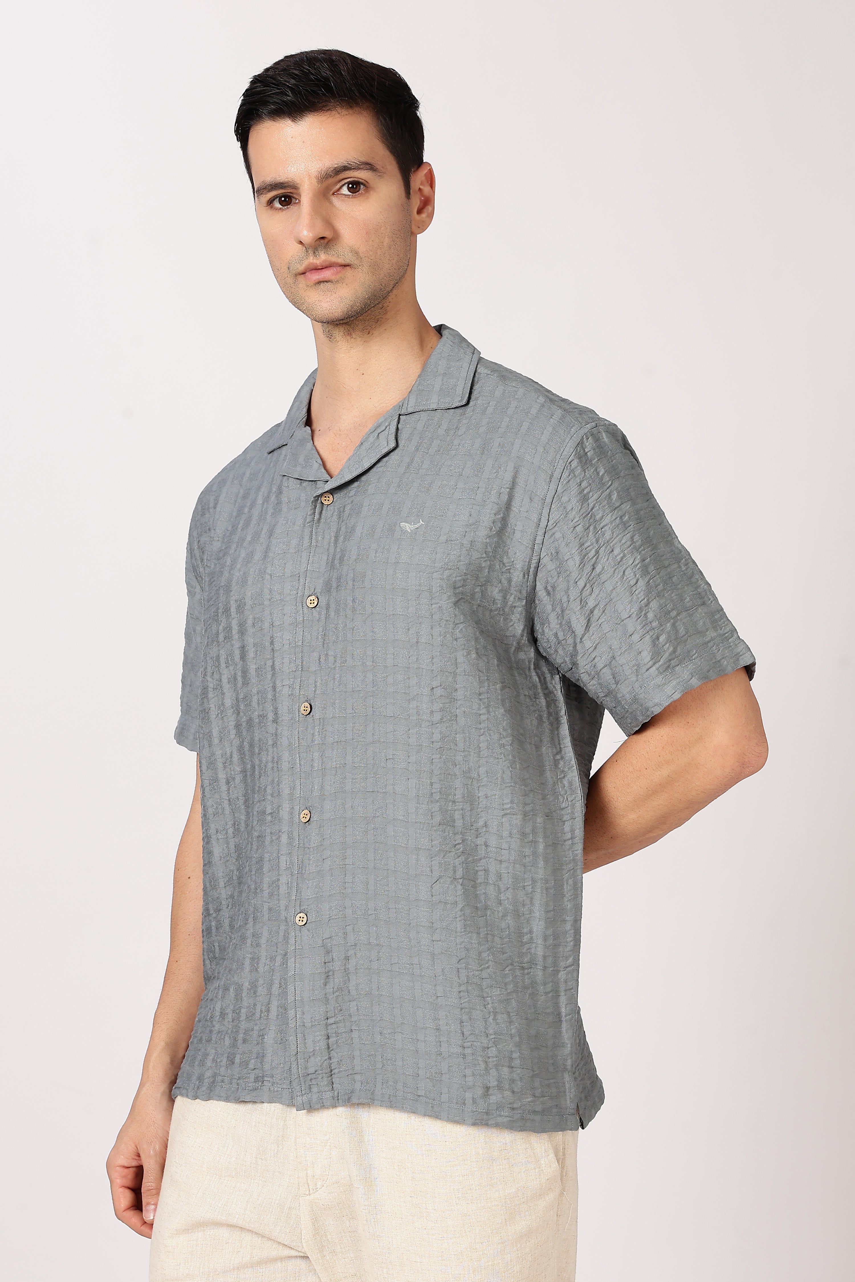 Steel Blue Textured Half-Sleeve Cuban Collar Shirt