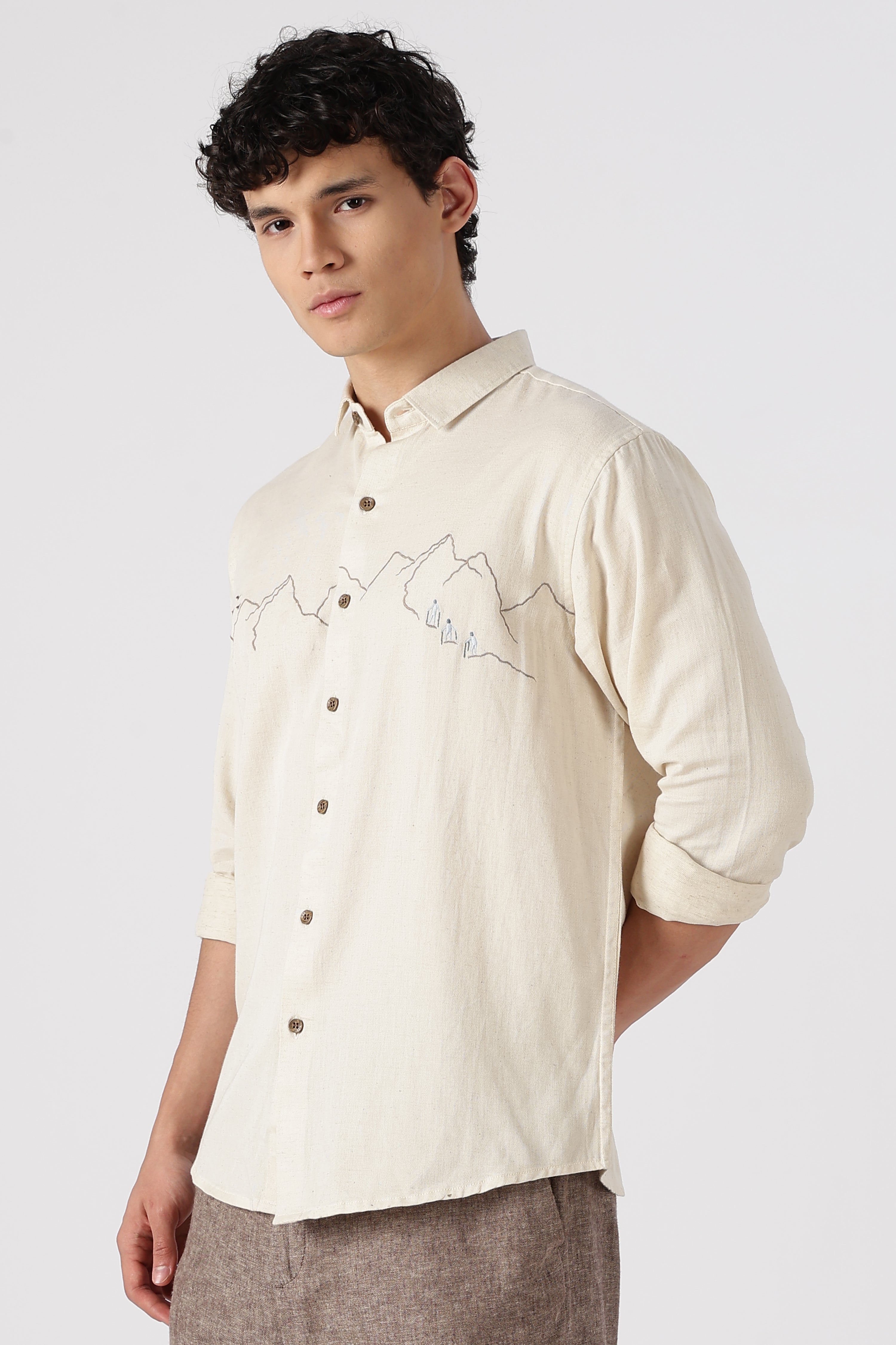 Summit Trek Cotton Regular Fit Beige Embroidered Shirt