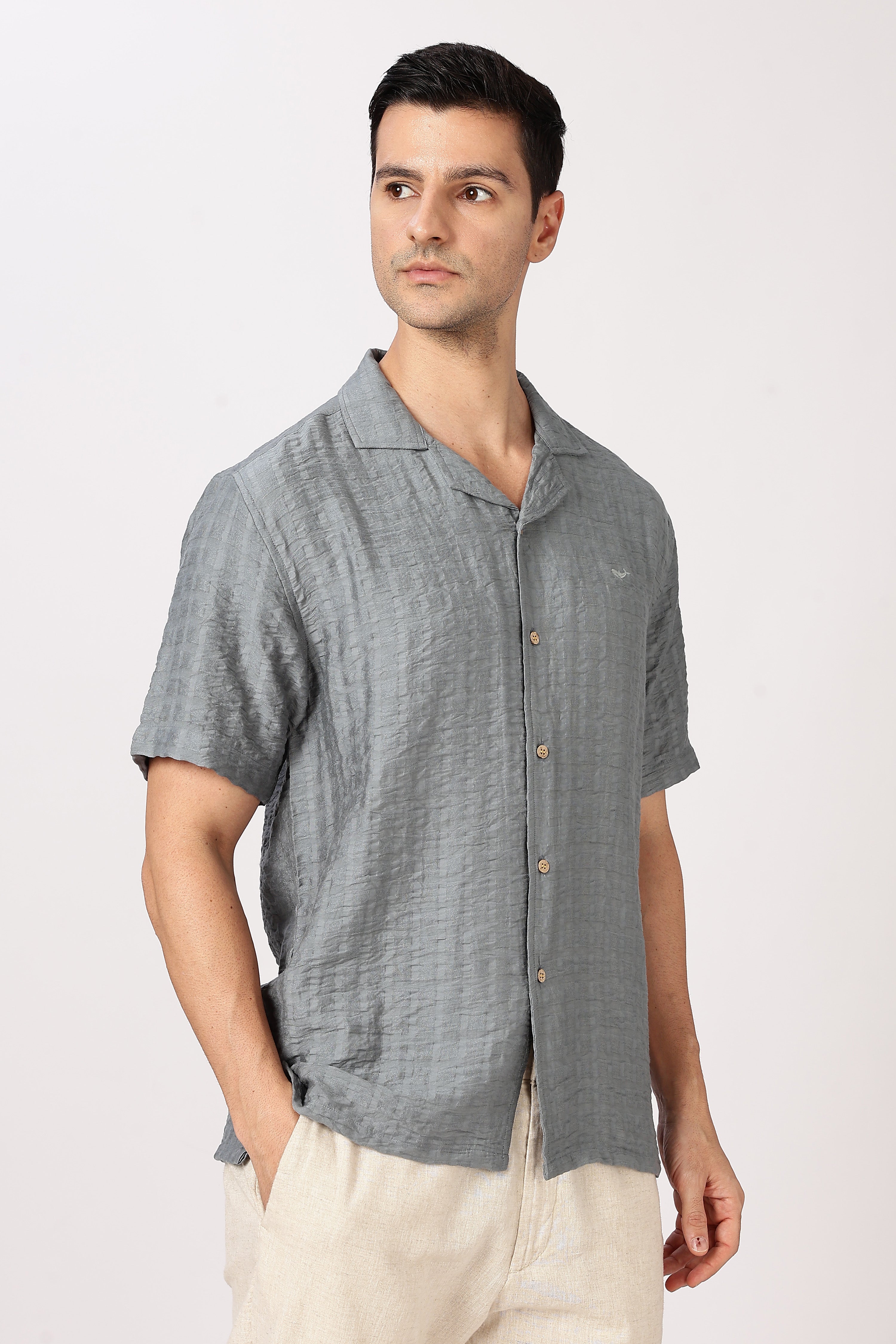 Steel Blue Textured Half-Sleeve Cuban Collar Shirt