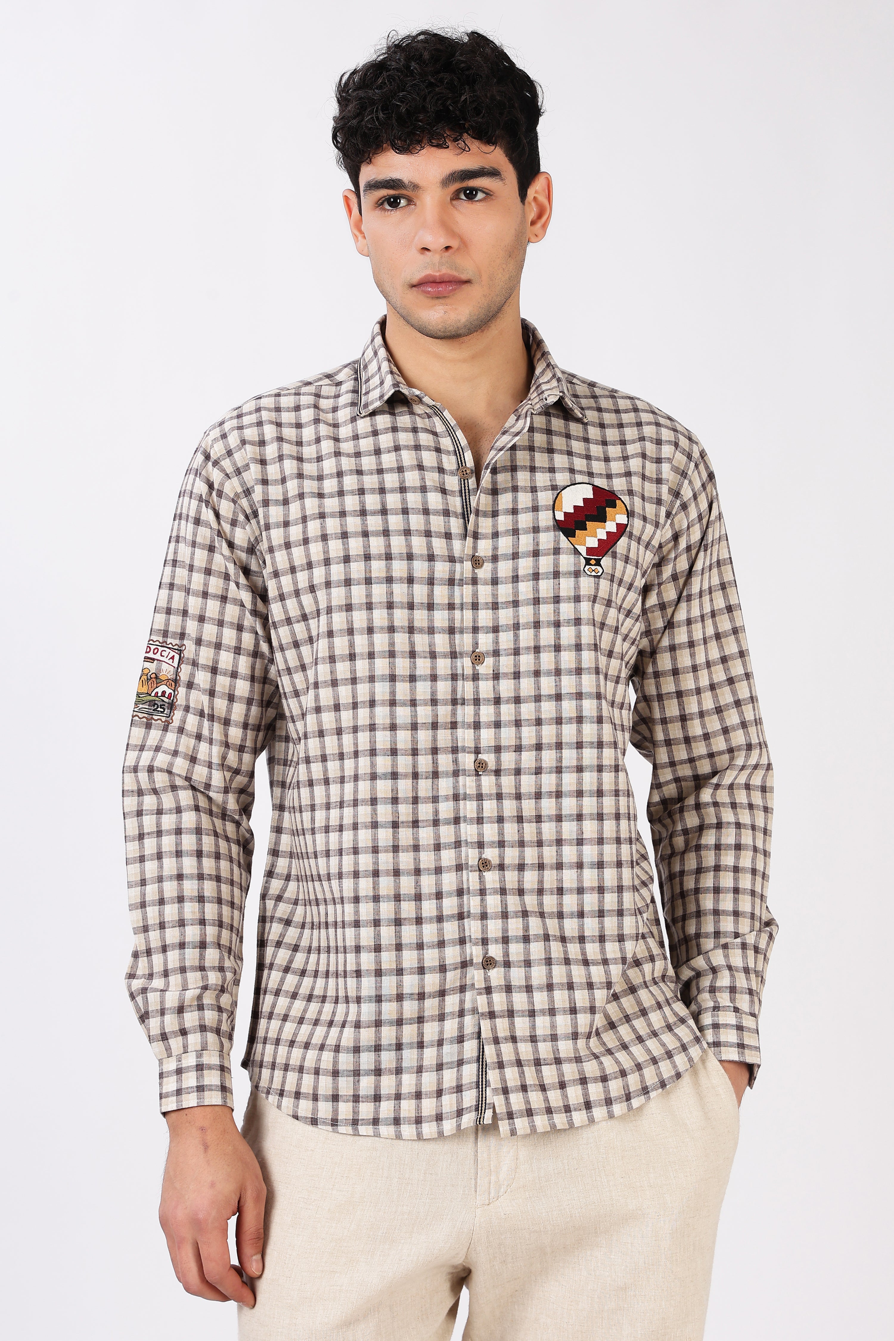 Cappadocia Voyage Cotton Regular Fit Brown Checkered Embroidered Shirt