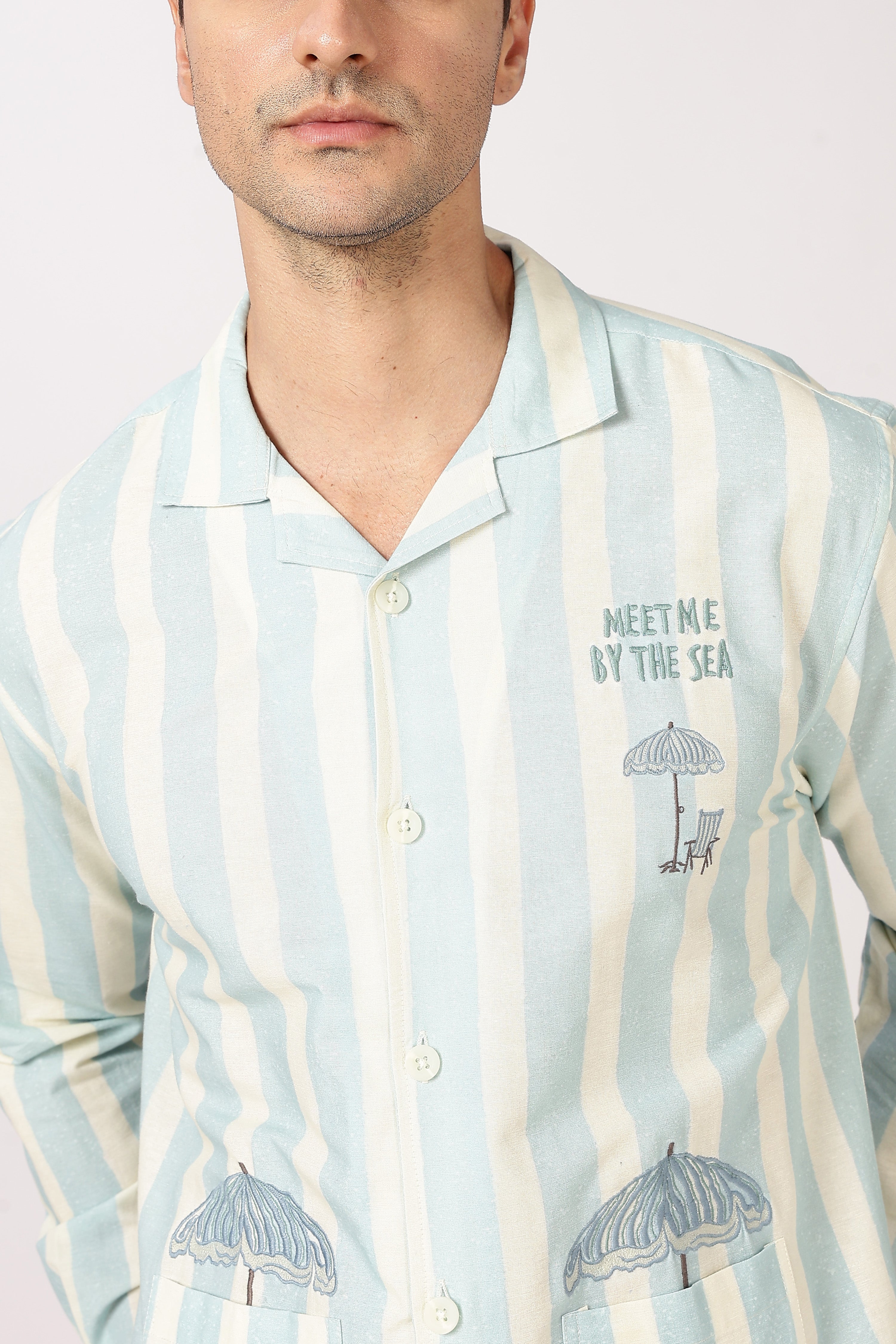 Seaside Meet Cotton Box Fit Mint Green Embroidered Shirt