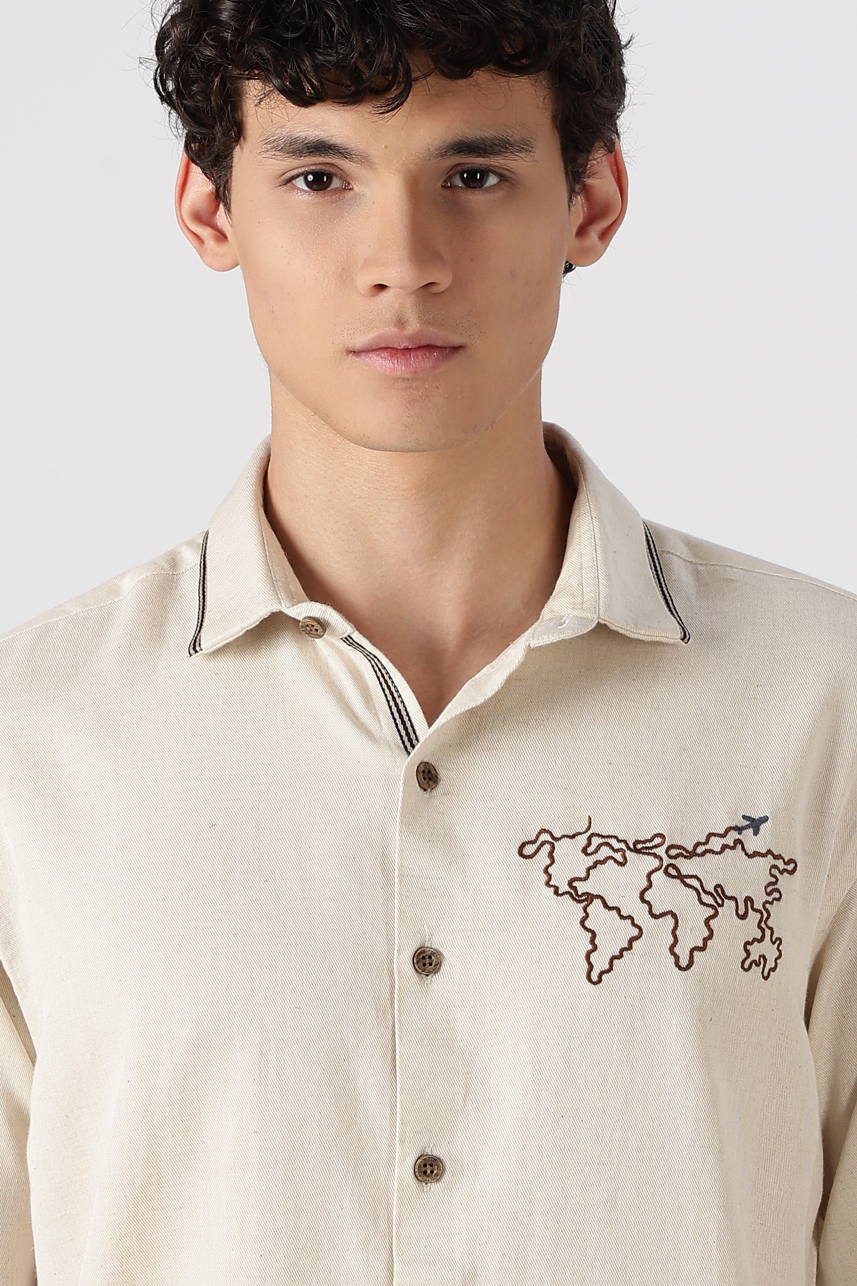 Wanderlust Trail Cotton Regular Fit Beige Embroidered Shirt