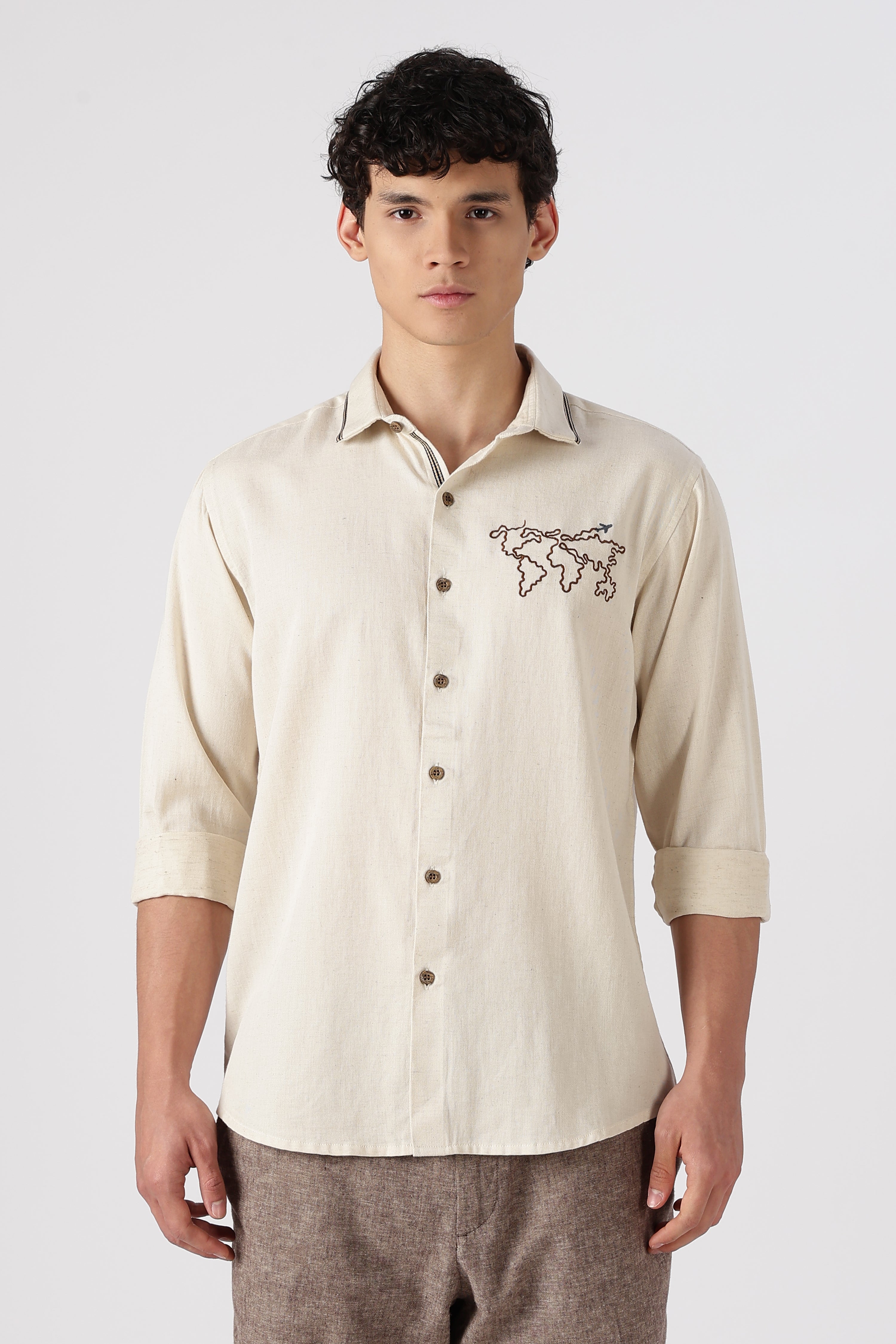 Wanderlust Trail Cotton Regular Fit Beige Embroidered Shirt