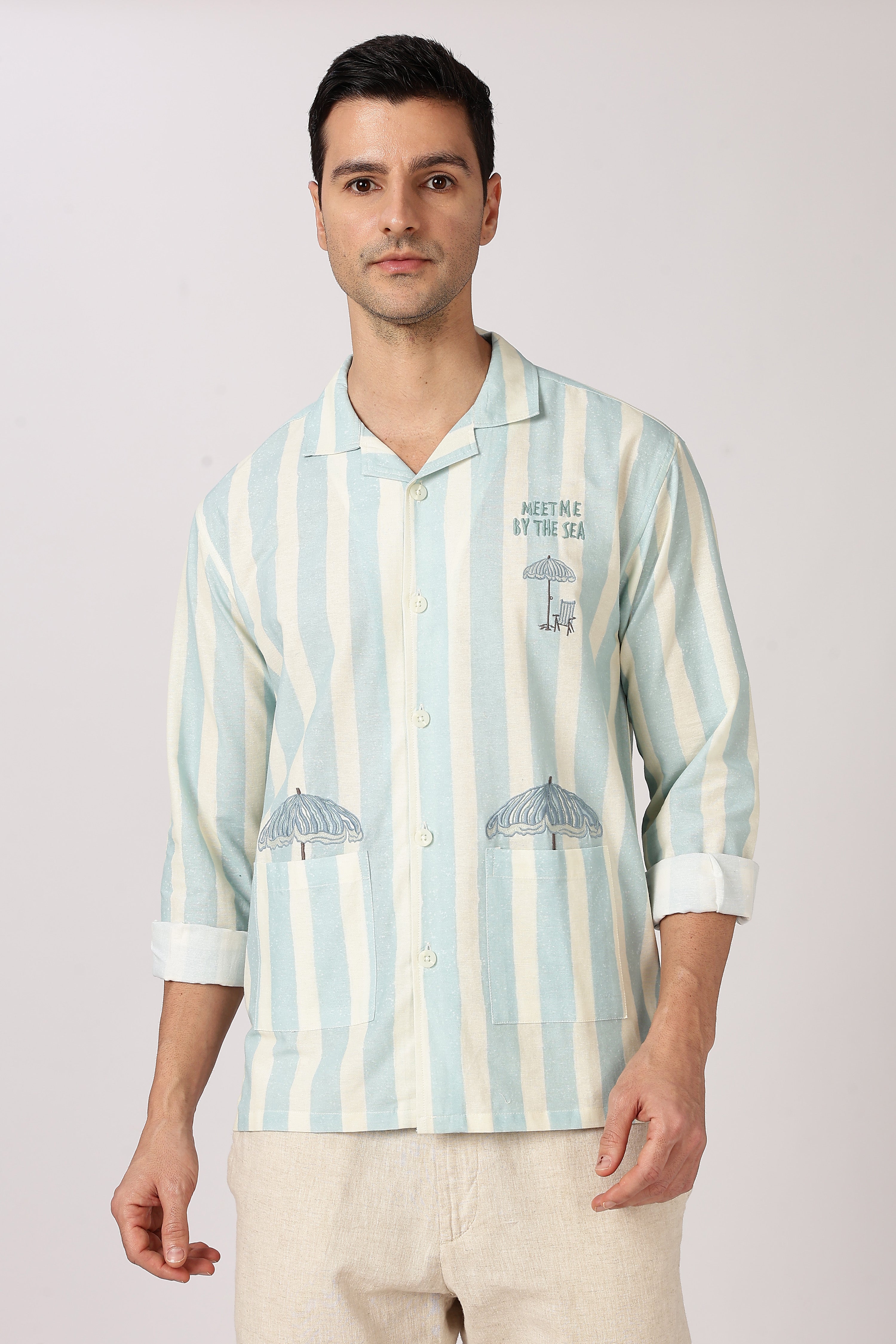 Seaside Meet Cotton Box Fit Mint Green Embroidered Shirt