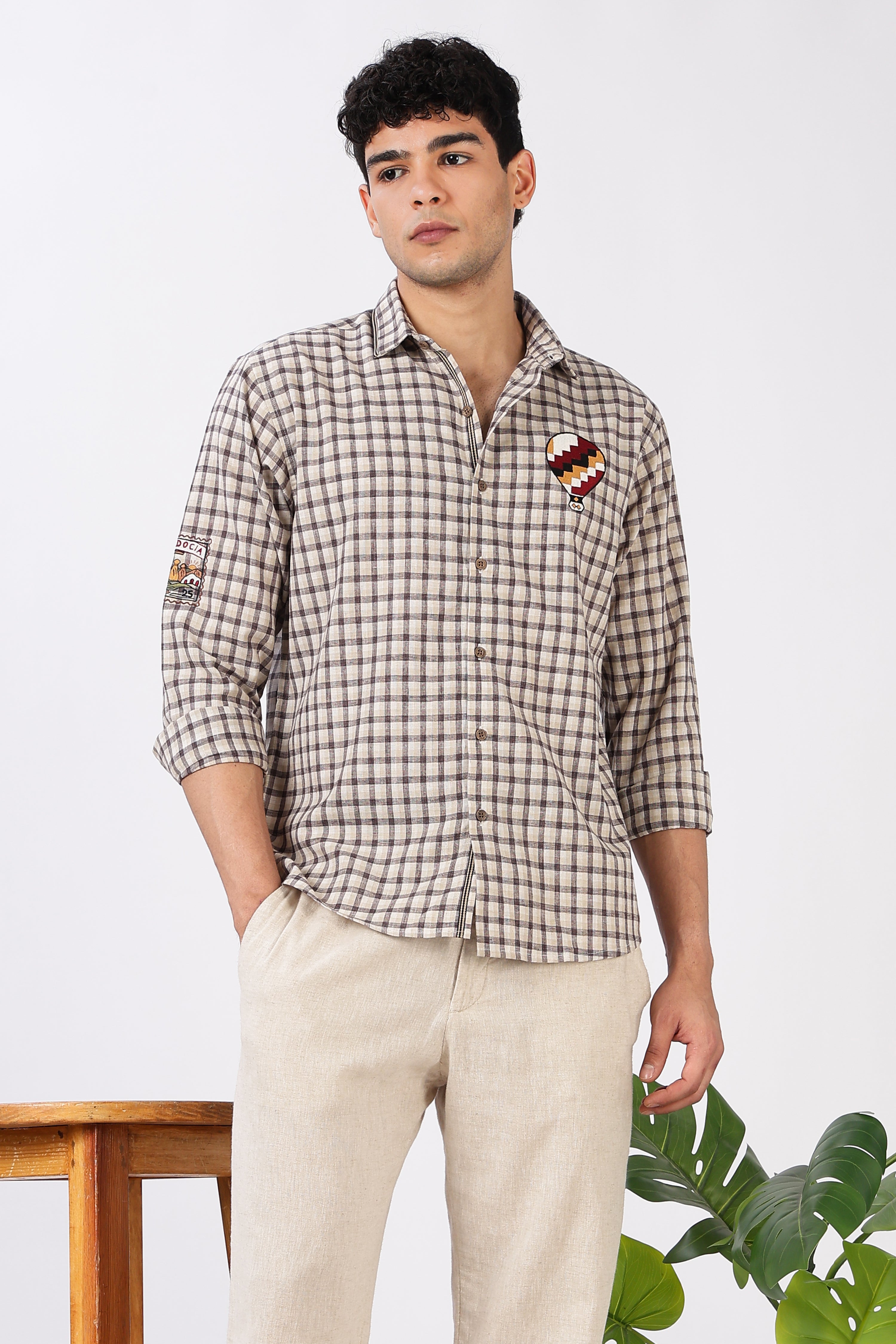 Cappadocia Voyage Cotton Regular Fit Brown Checkered Embroidered Shirt