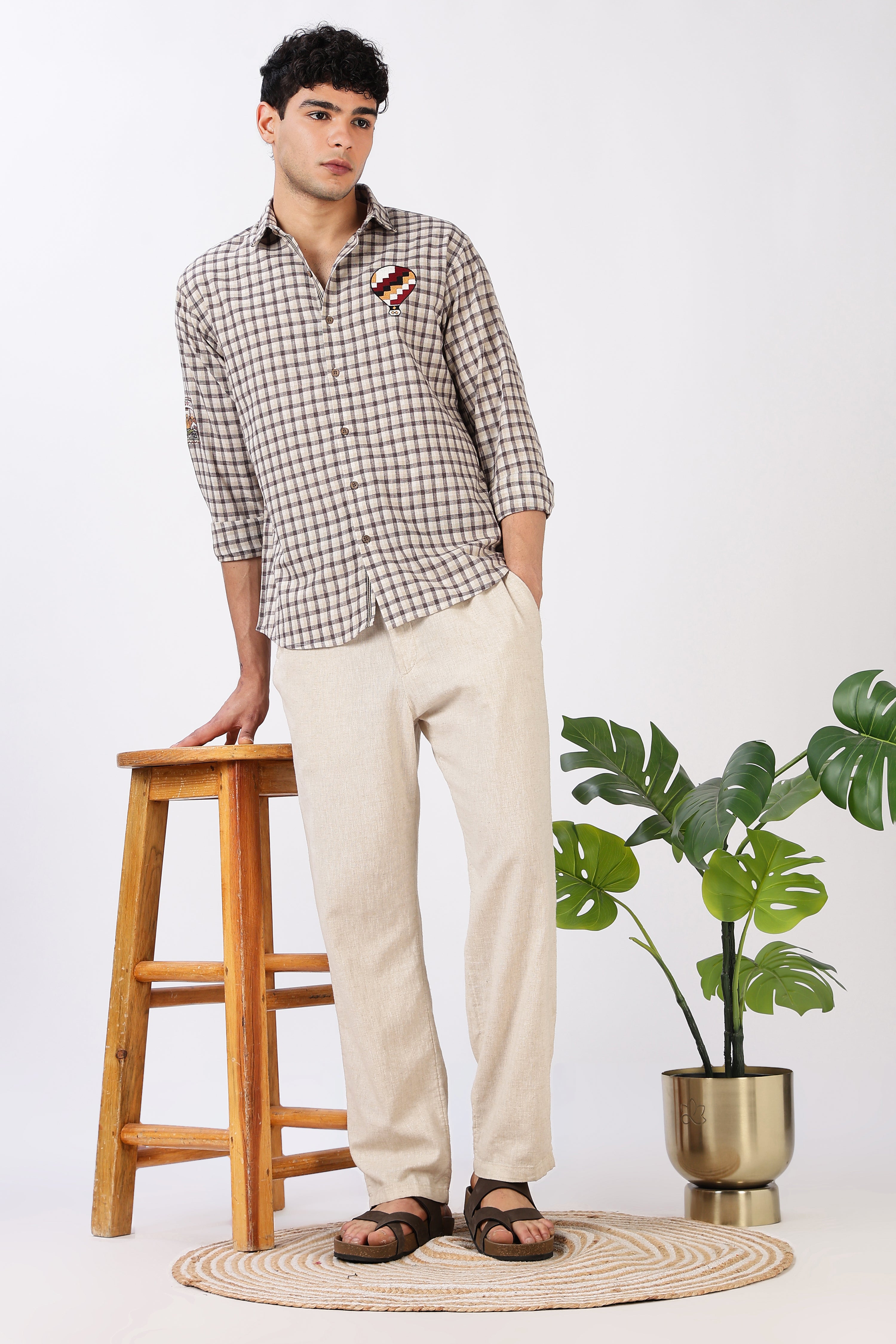 Cappadocia Voyage Cotton Regular Fit Brown Checkered Embroidered Shirt