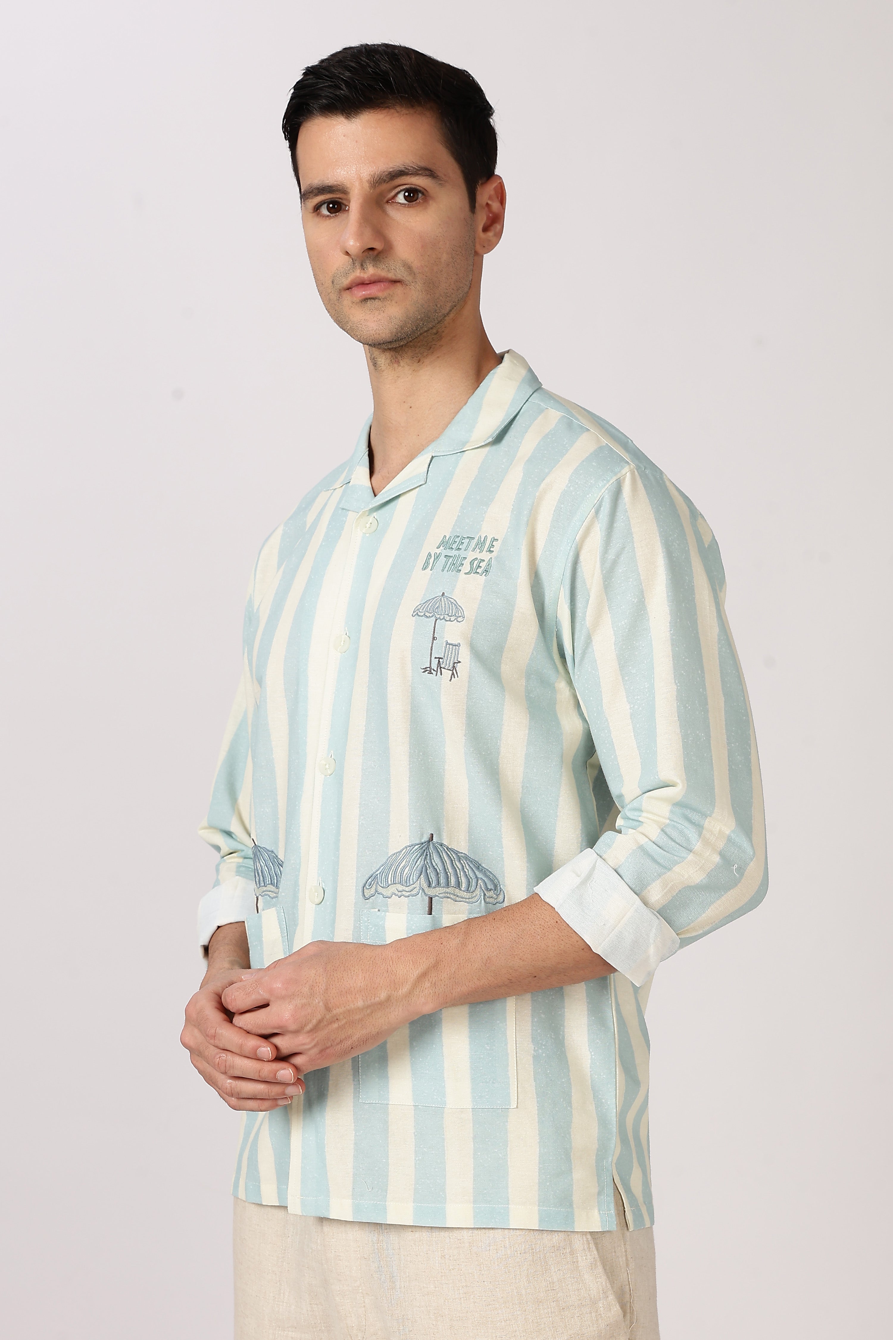 Seaside Meet Cotton Box Fit Mint Green Embroidered Shirt