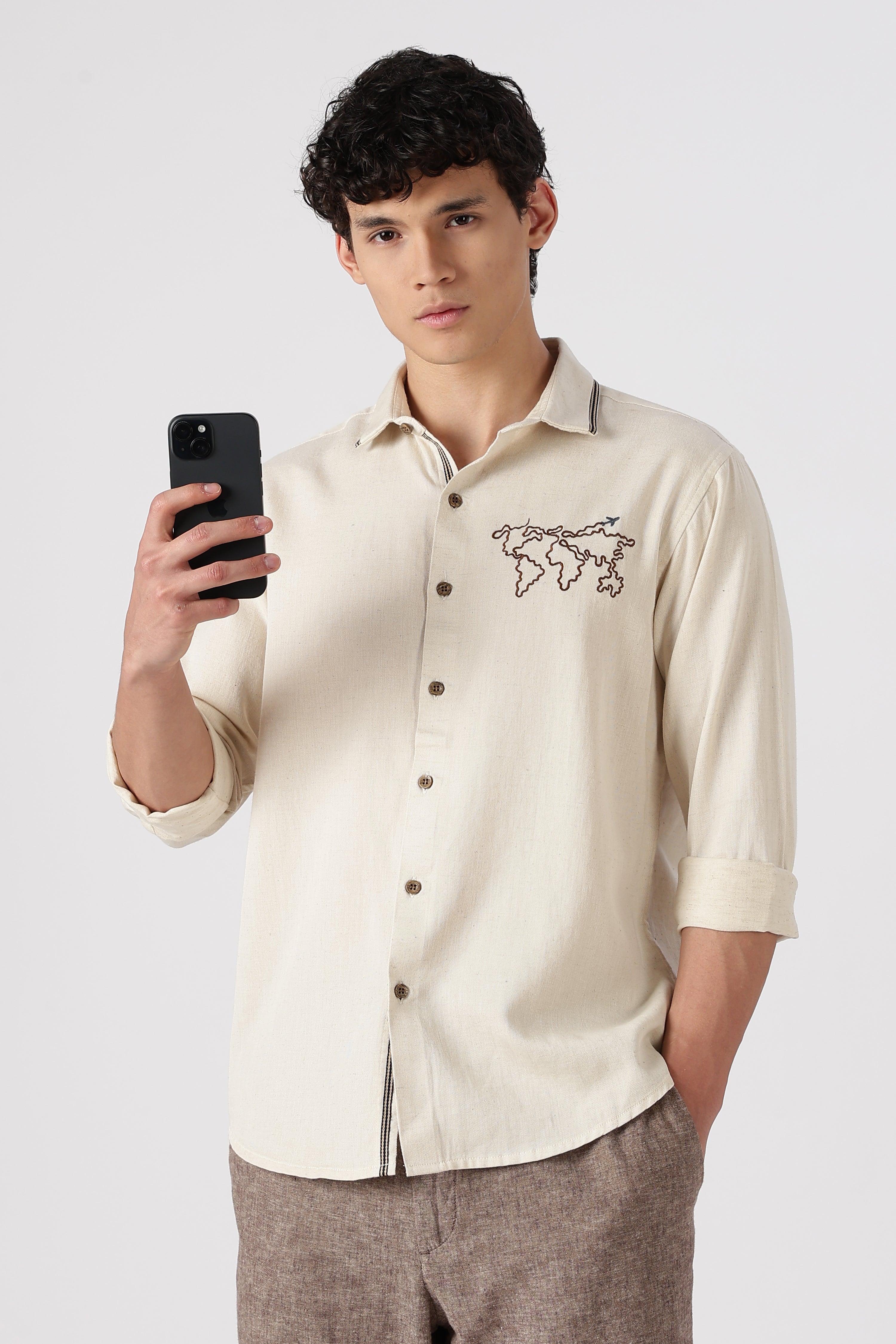 Wanderlust Trail Cotton Regular Fit Beige Embroidered Shirt
