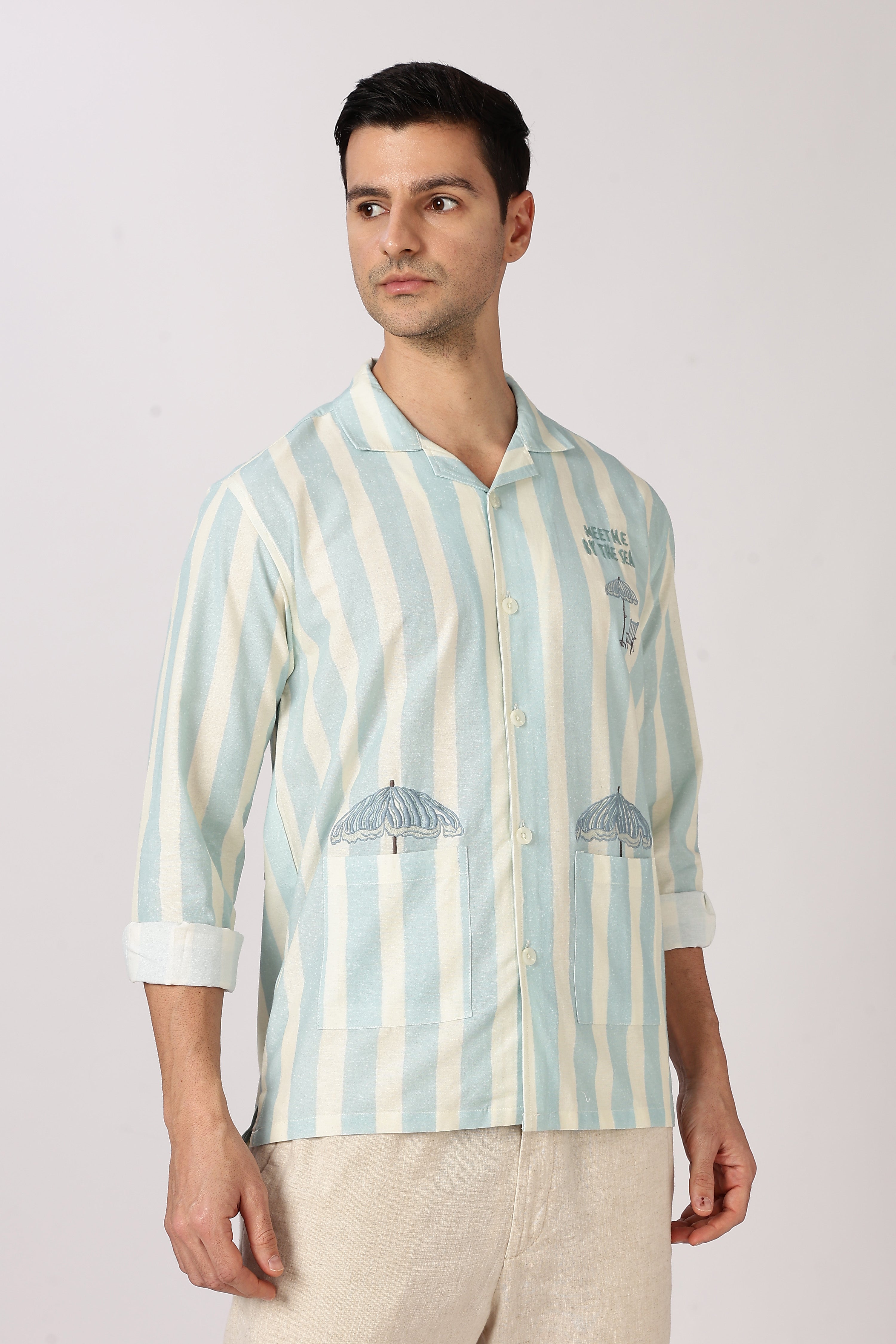 Seaside Meet Cotton Box Fit Mint Green Embroidered Shirt