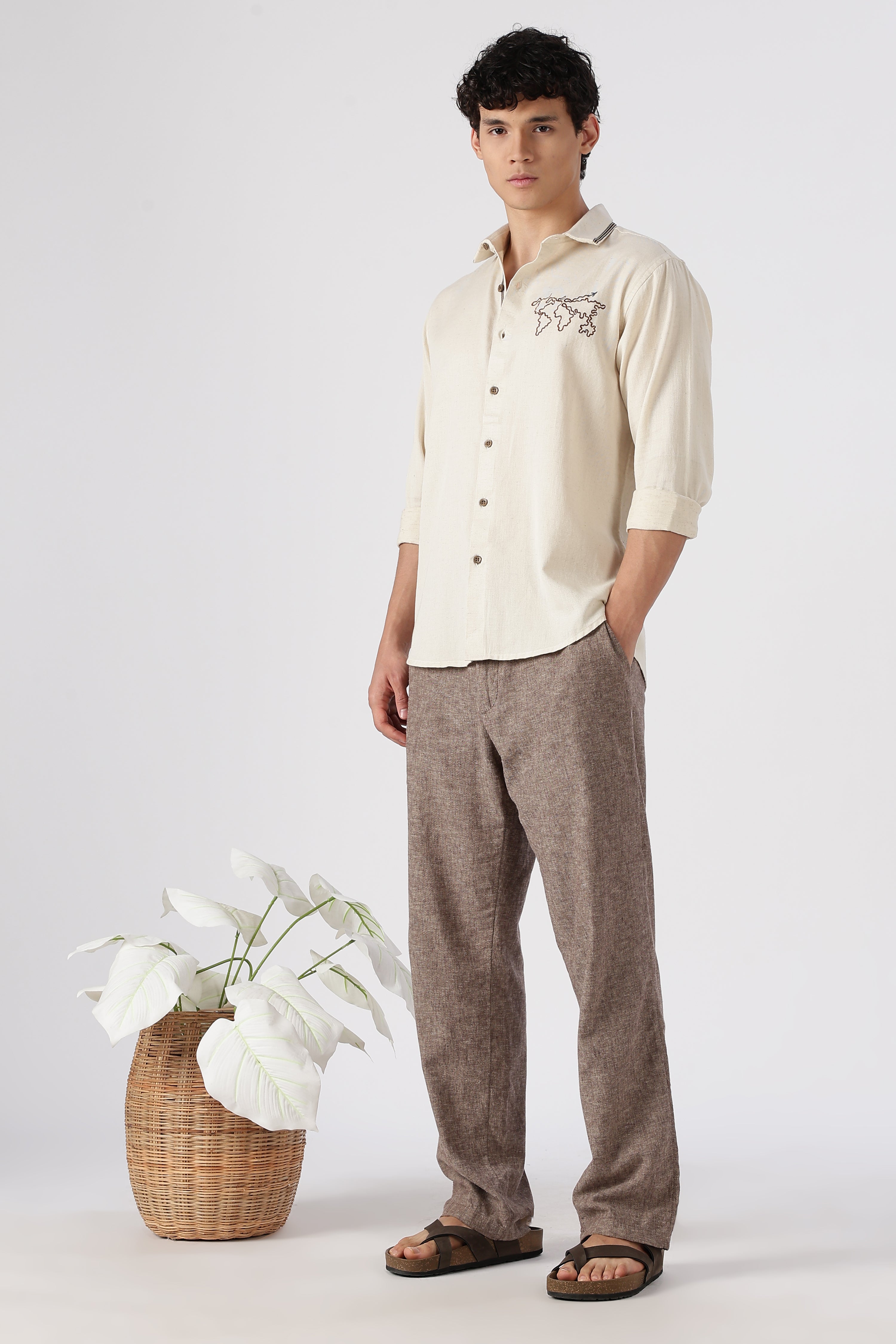 Wanderlust Trail Cotton Regular Fit Beige Embroidered Shirt