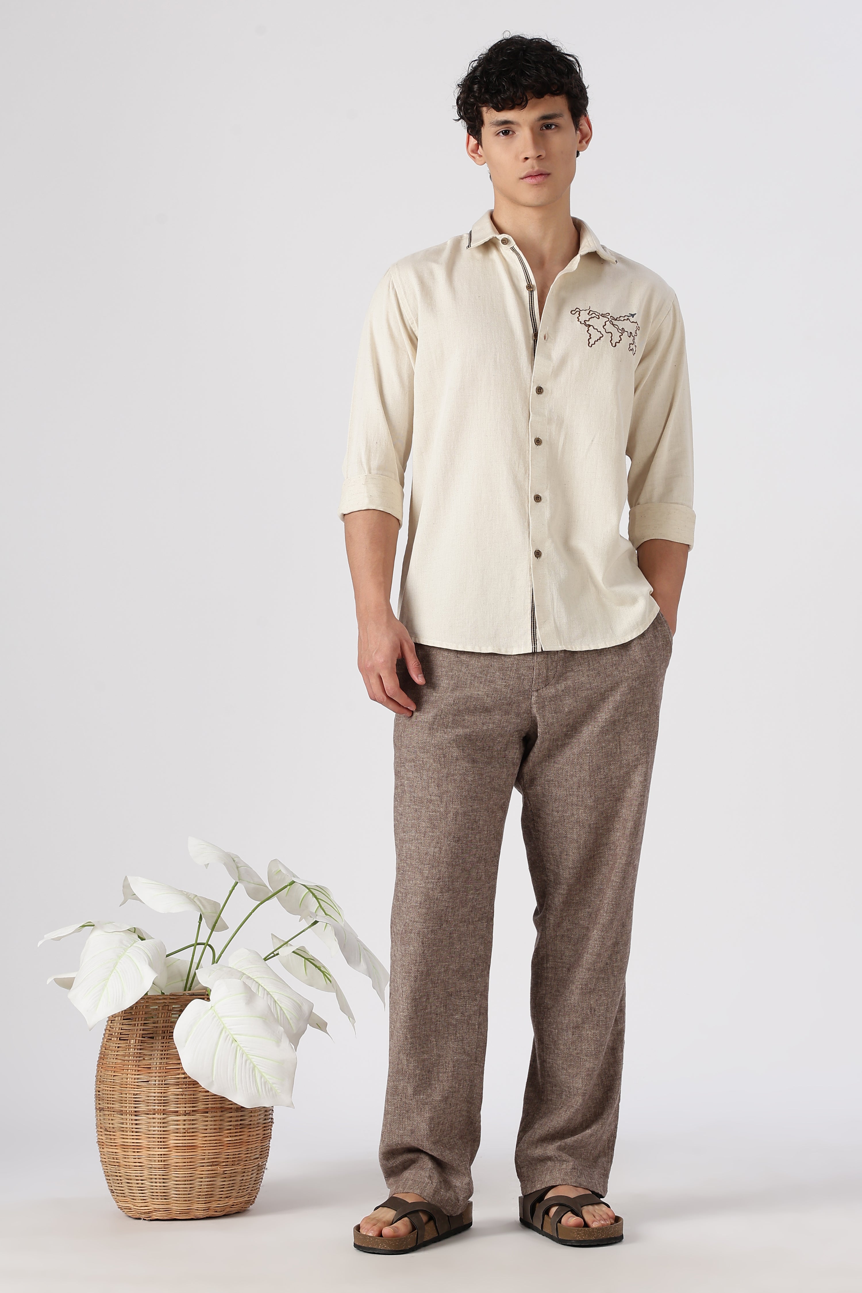 Wanderlust Trail Cotton Regular Fit Beige Embroidered Shirt