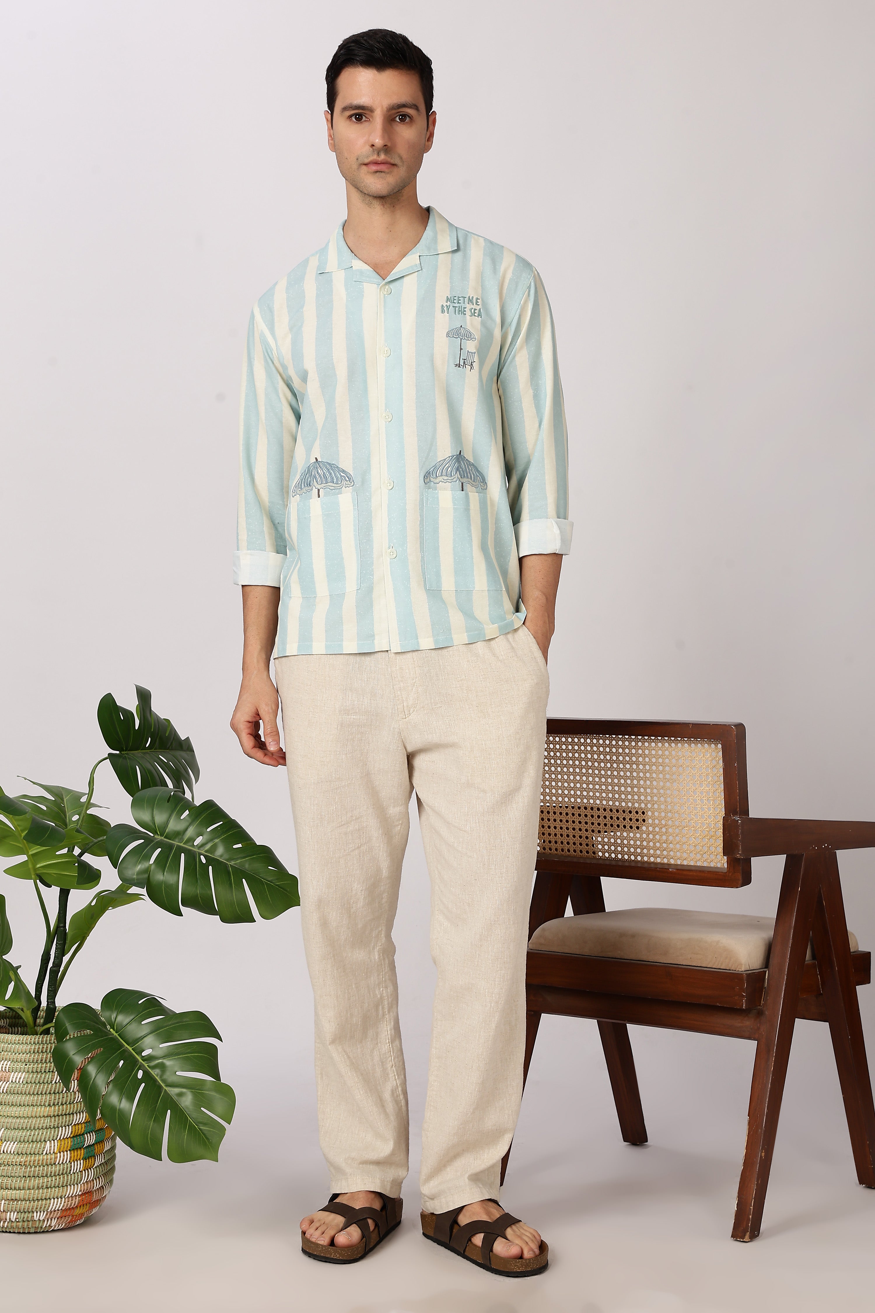Seaside Meet Cotton Box Fit Mint Green Embroidered Shirt