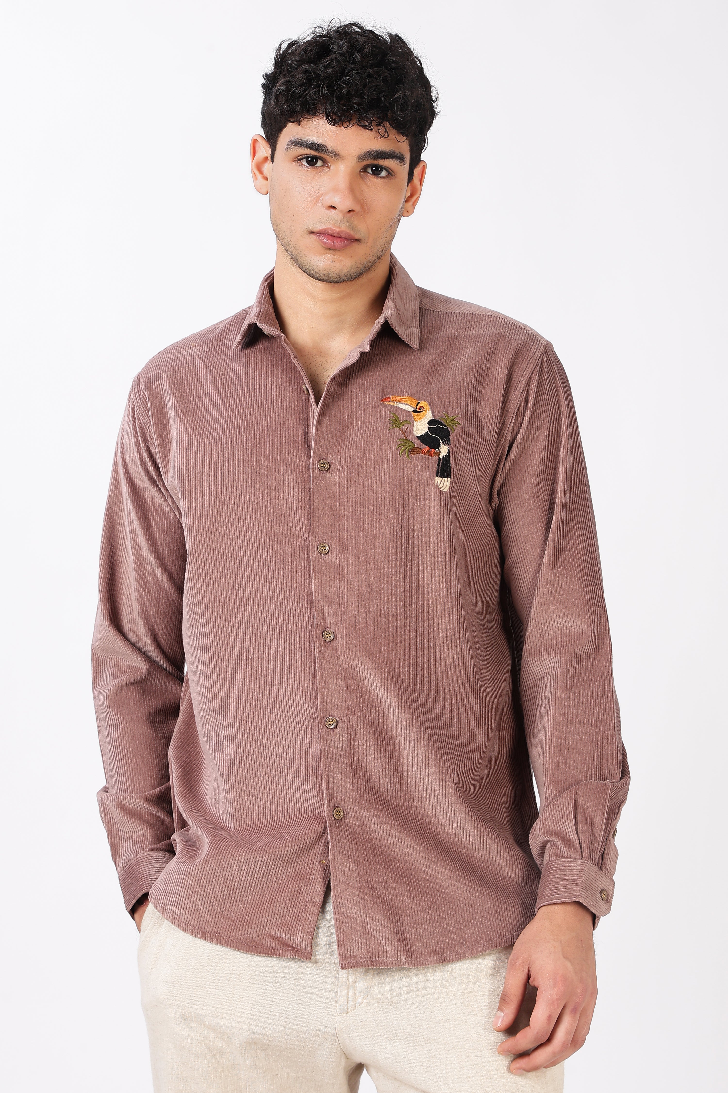 Tropical Toucan Corduroy Cotton Regular Fit Pink Embroidered Shirt