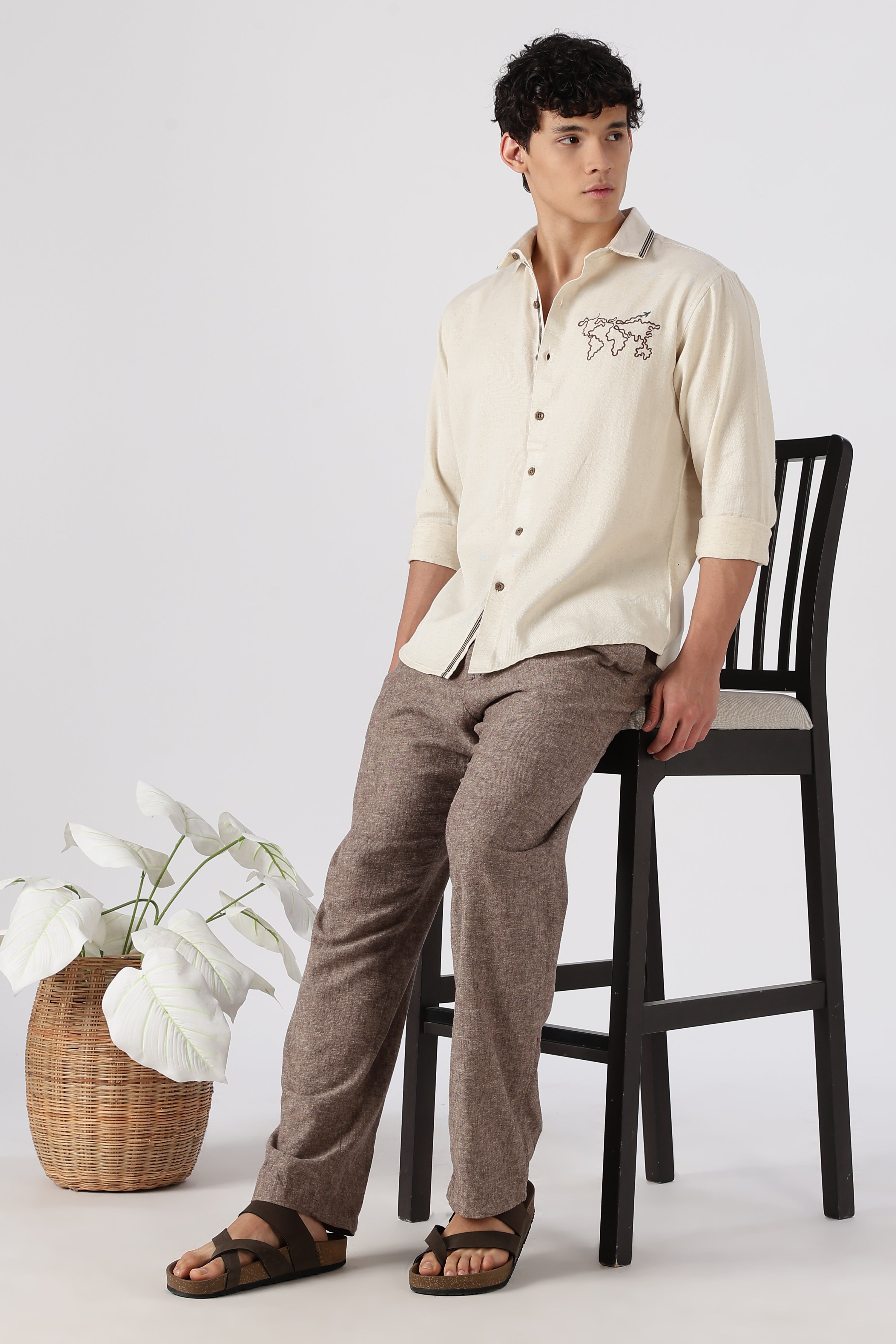 Wanderlust Trail Cotton Regular Fit Beige Embroidered Shirt