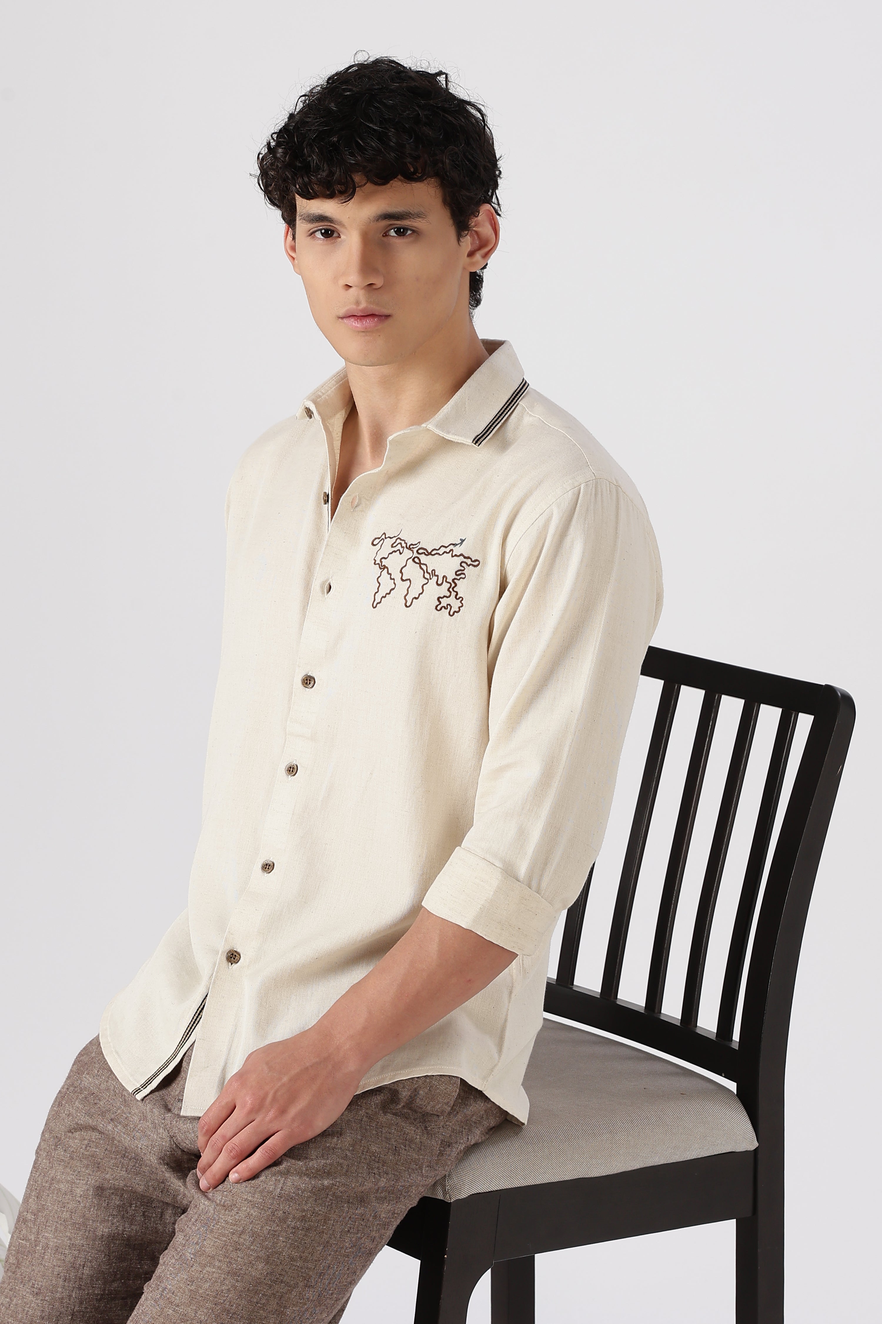 Wanderlust Trail Cotton Regular Fit Beige Embroidered Shirt