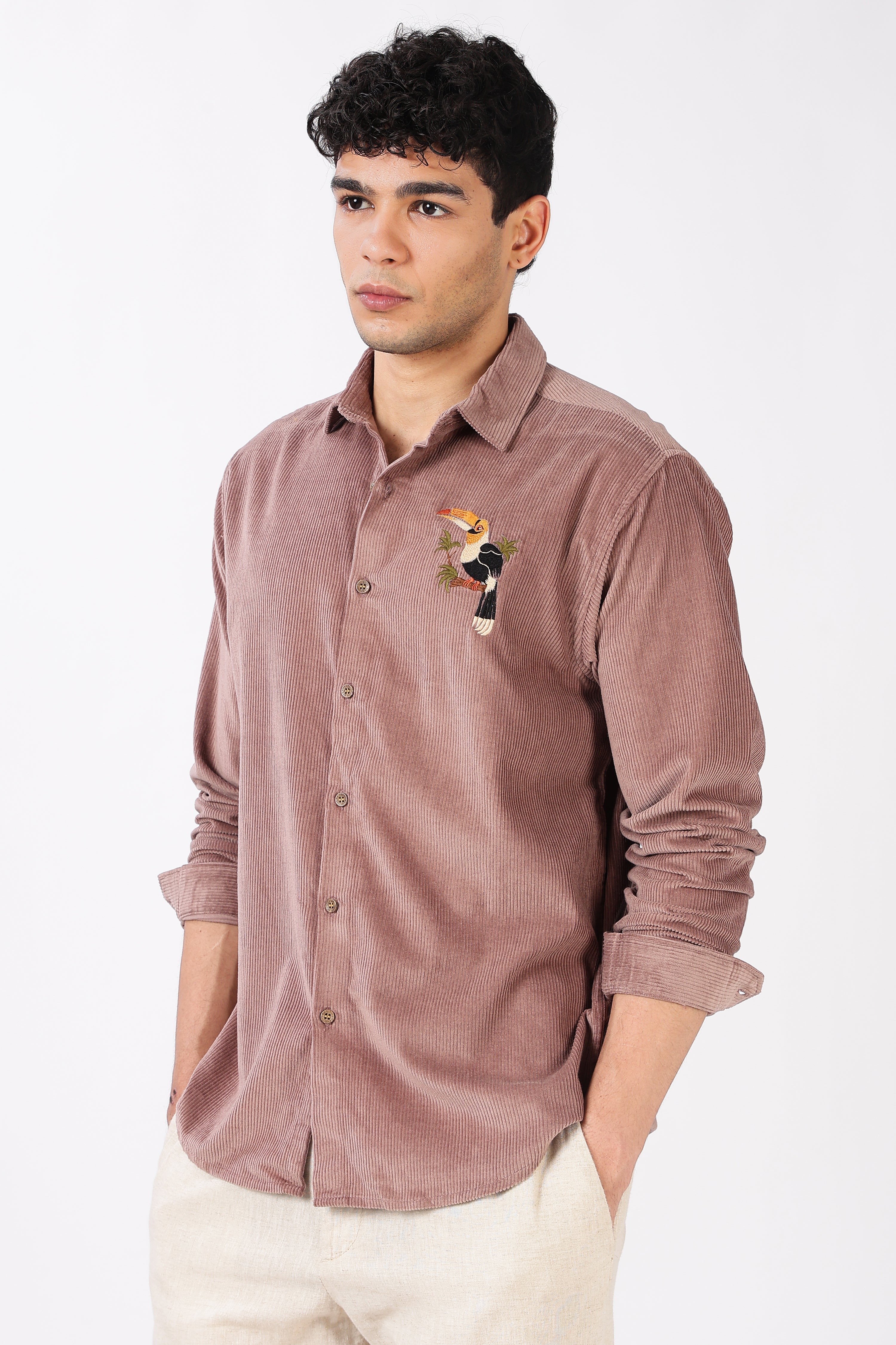 Tropical Toucan Corduroy Cotton Regular Fit Pink Embroidered Shirt