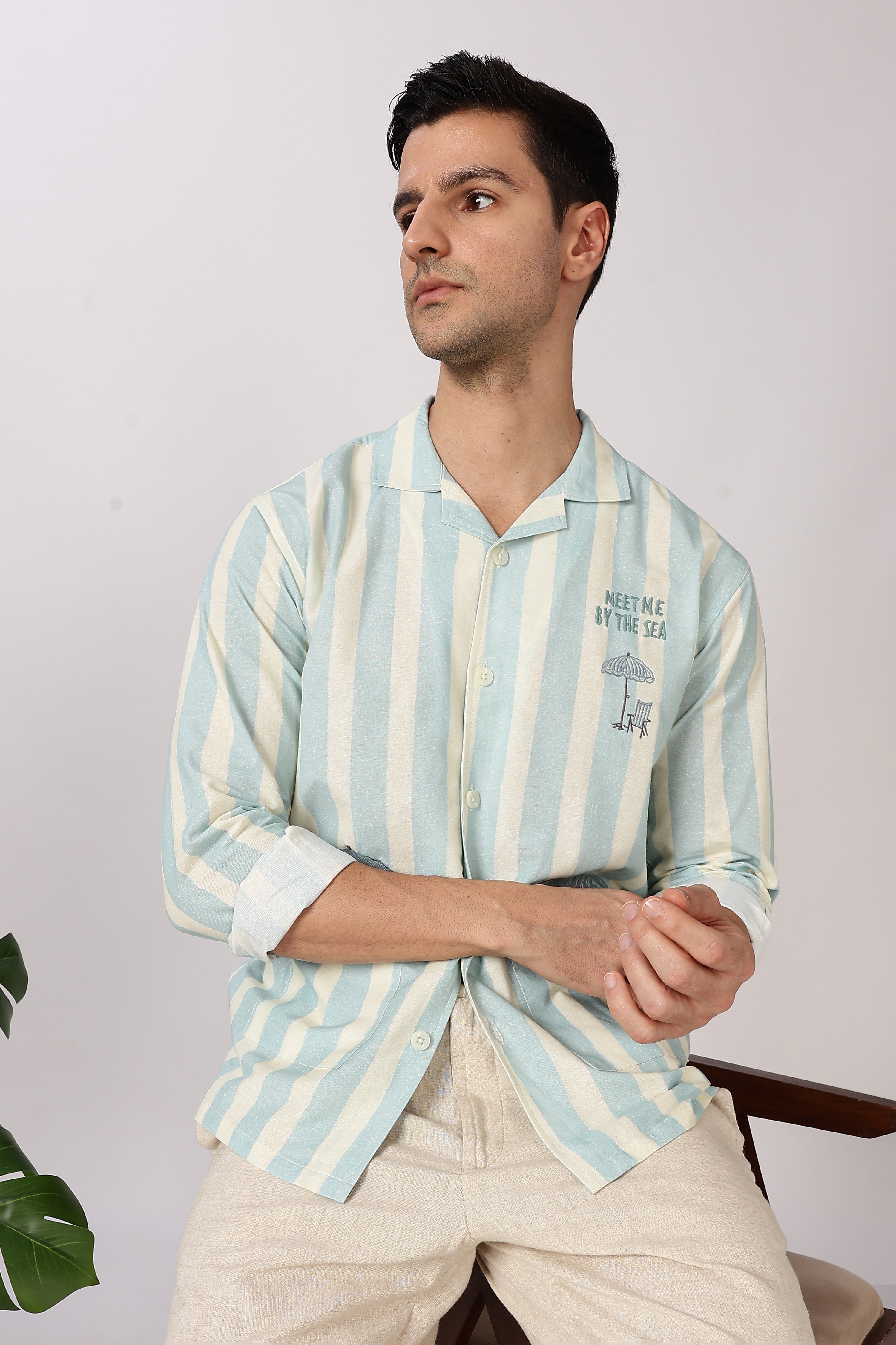 Seaside Meet Cotton Box Fit Mint Green Embroidered Shirt