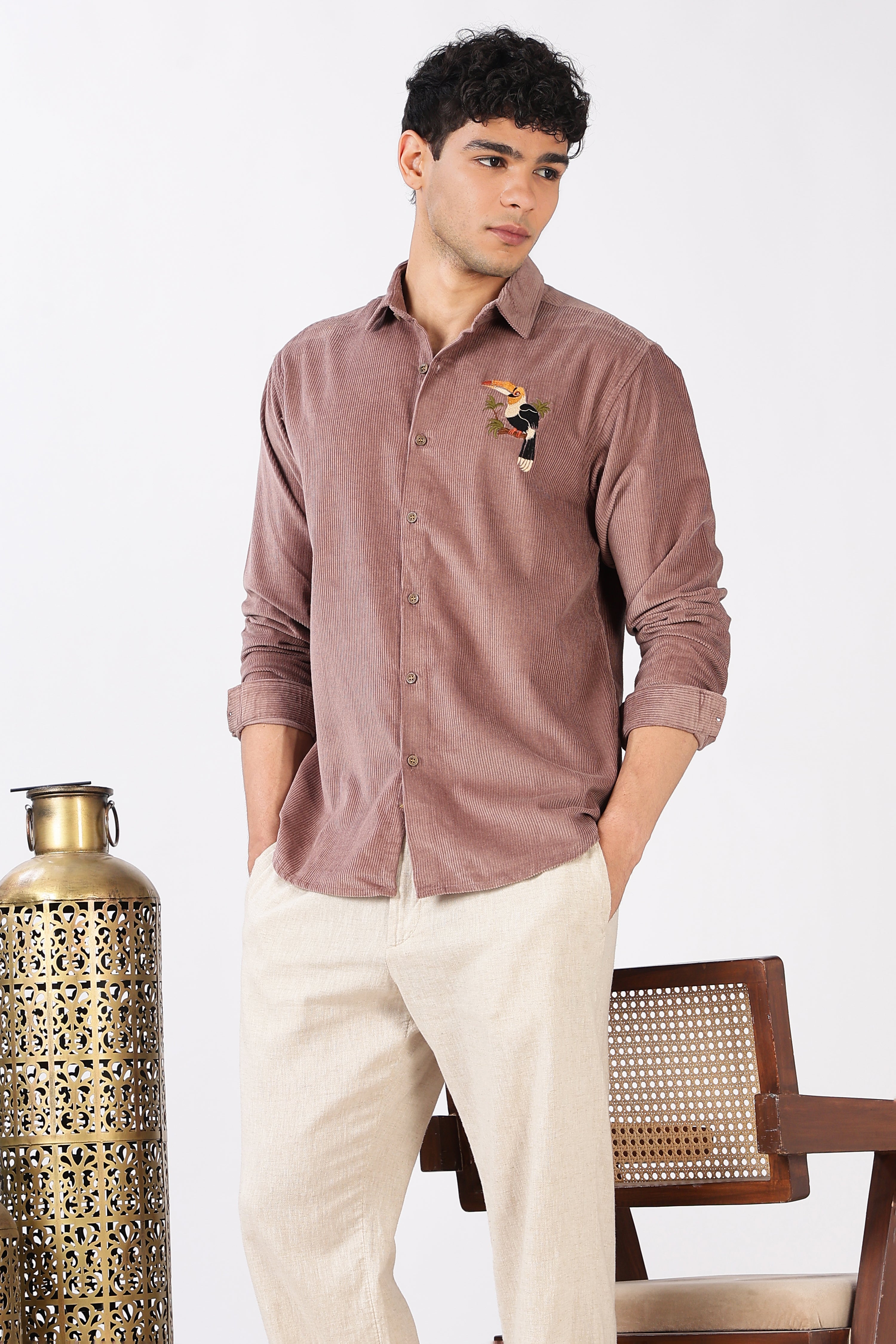 Tropical Toucan Corduroy Cotton Regular Fit Pink Embroidered Shirt
