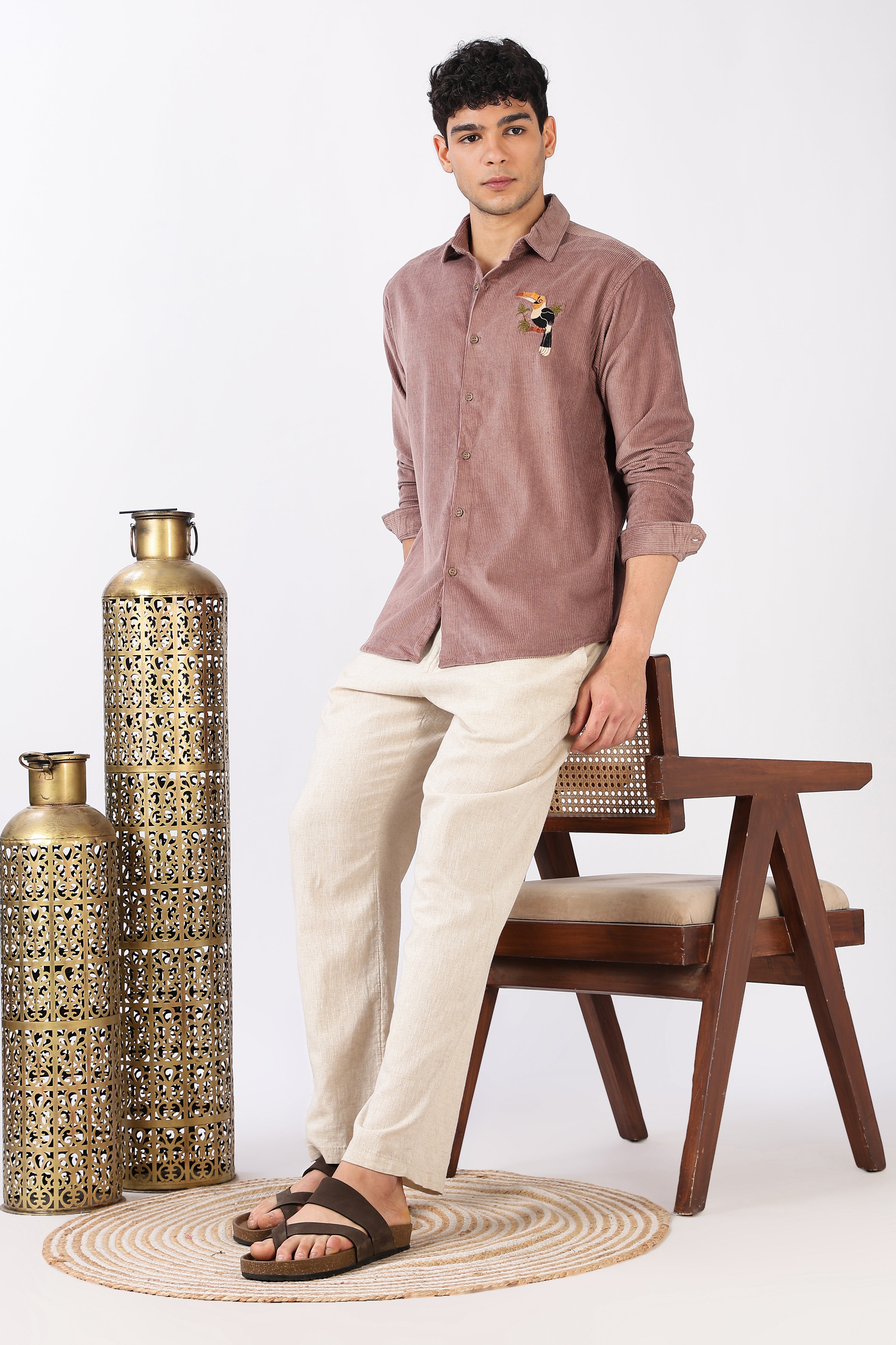 Tropical Toucan Corduroy Cotton Regular Fit Pink Embroidered Shirt