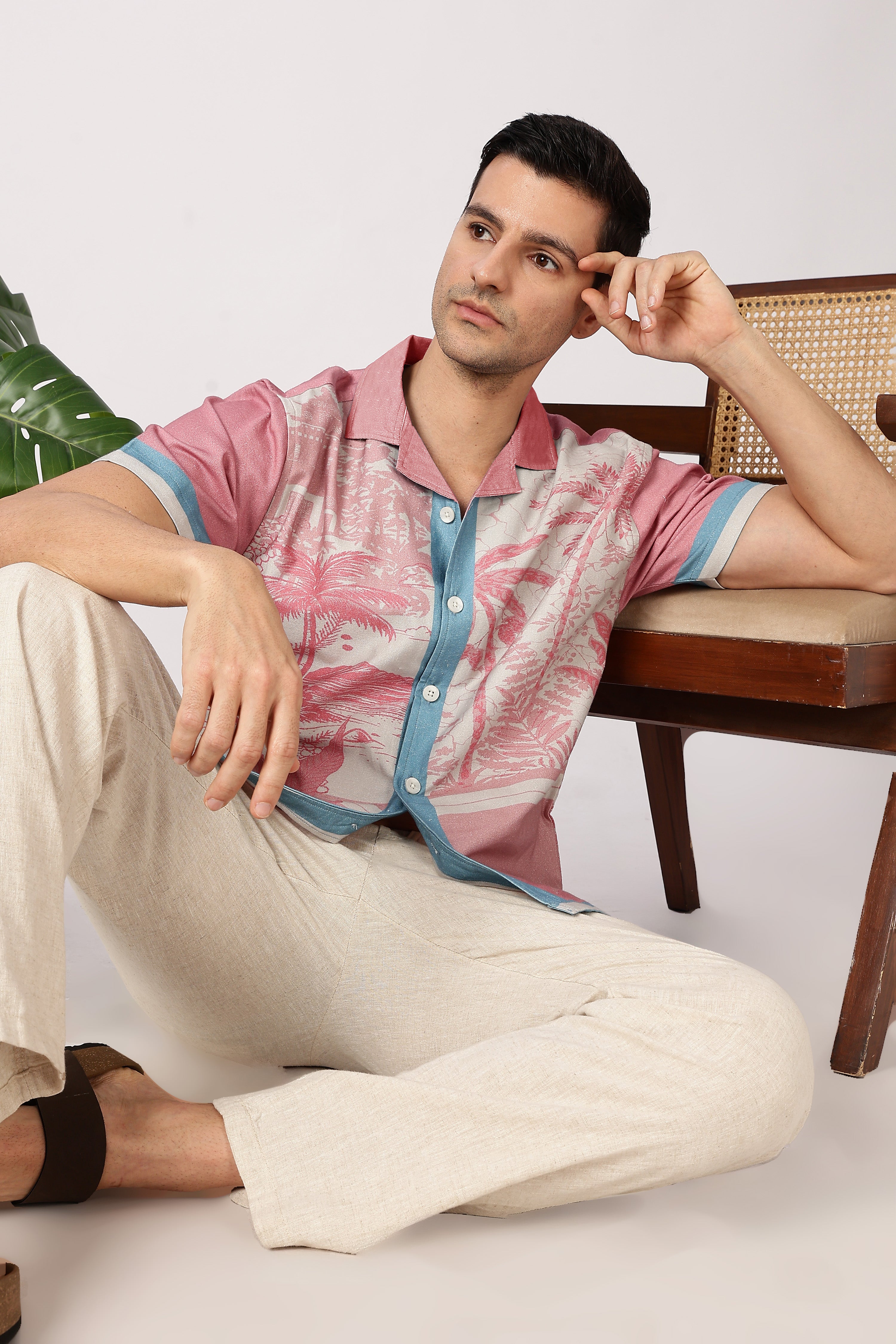 Sunset Tropics Cotton Box Fit Pink Printed Shirt