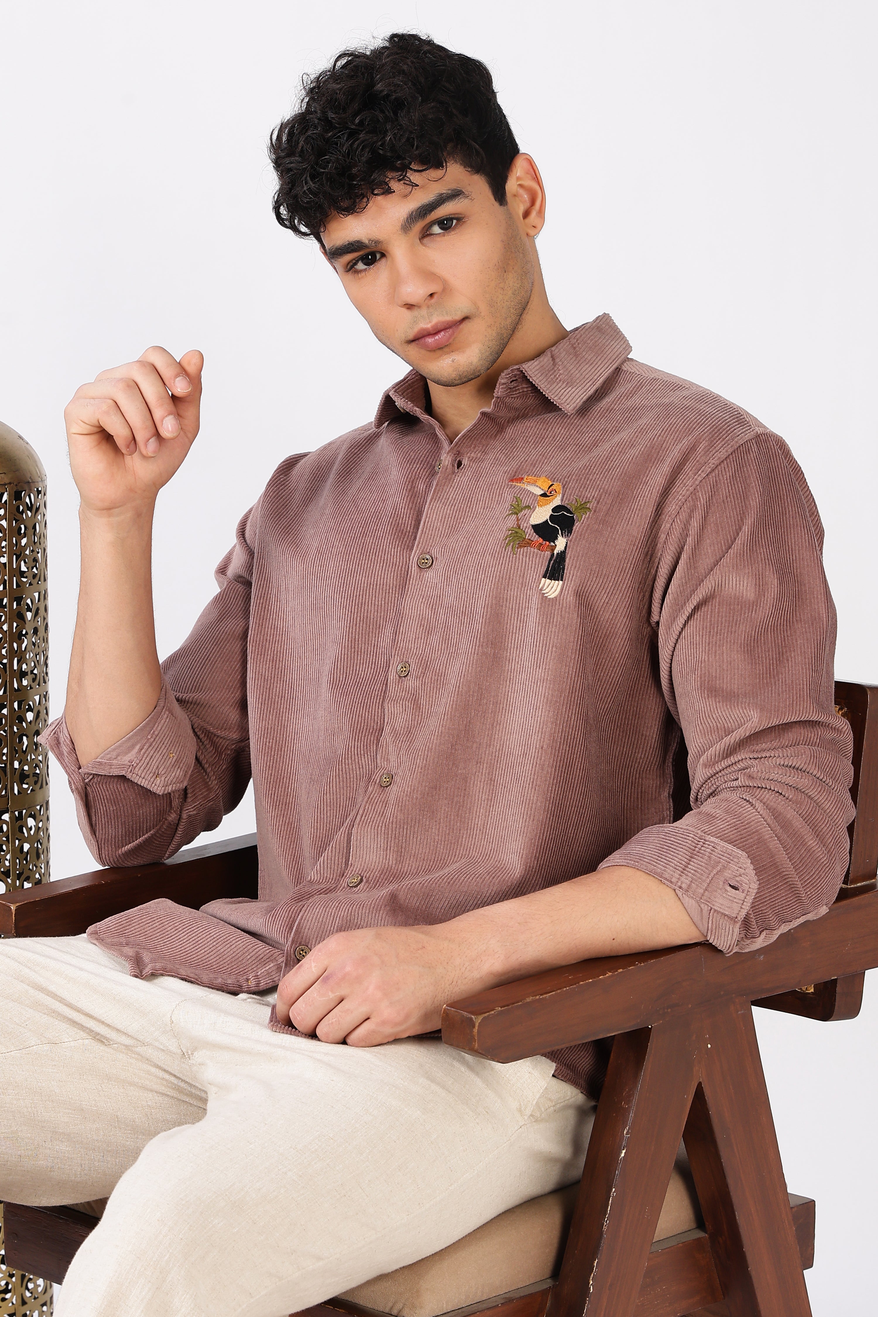 Tropical Toucan Corduroy Cotton Regular Fit Pink Embroidered Shirt