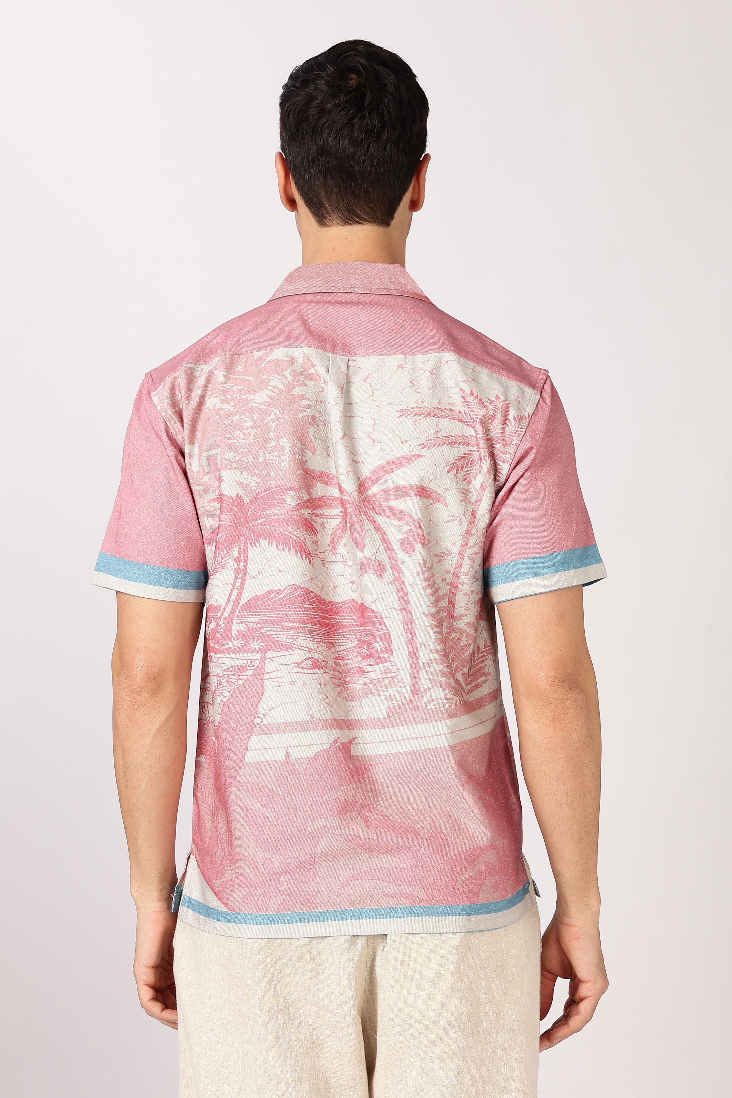 Sunset Tropics Cotton Box Fit Pink Printed Shirt