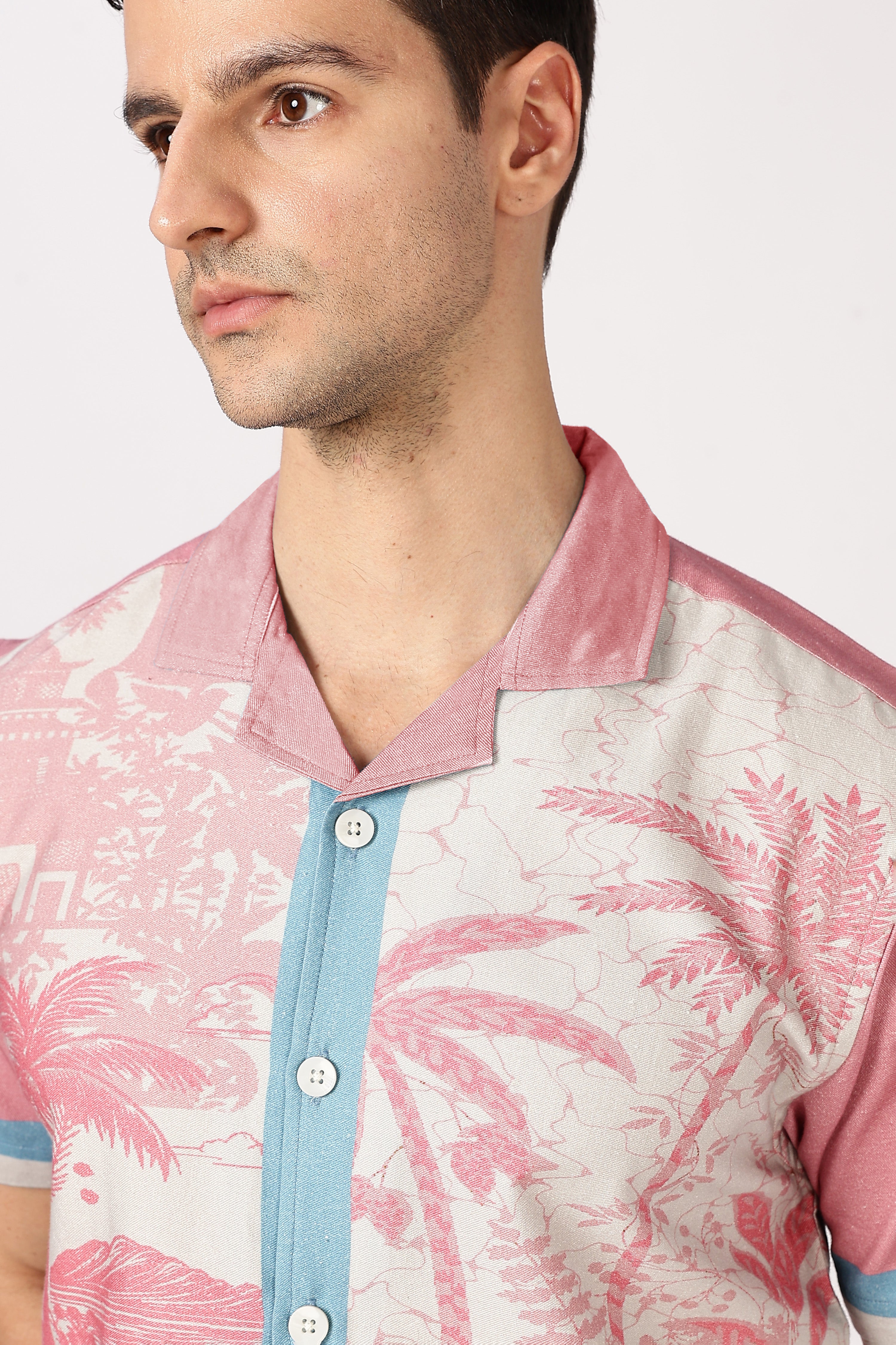 Sunset Tropics Cotton Box Fit Pink Printed Shirt