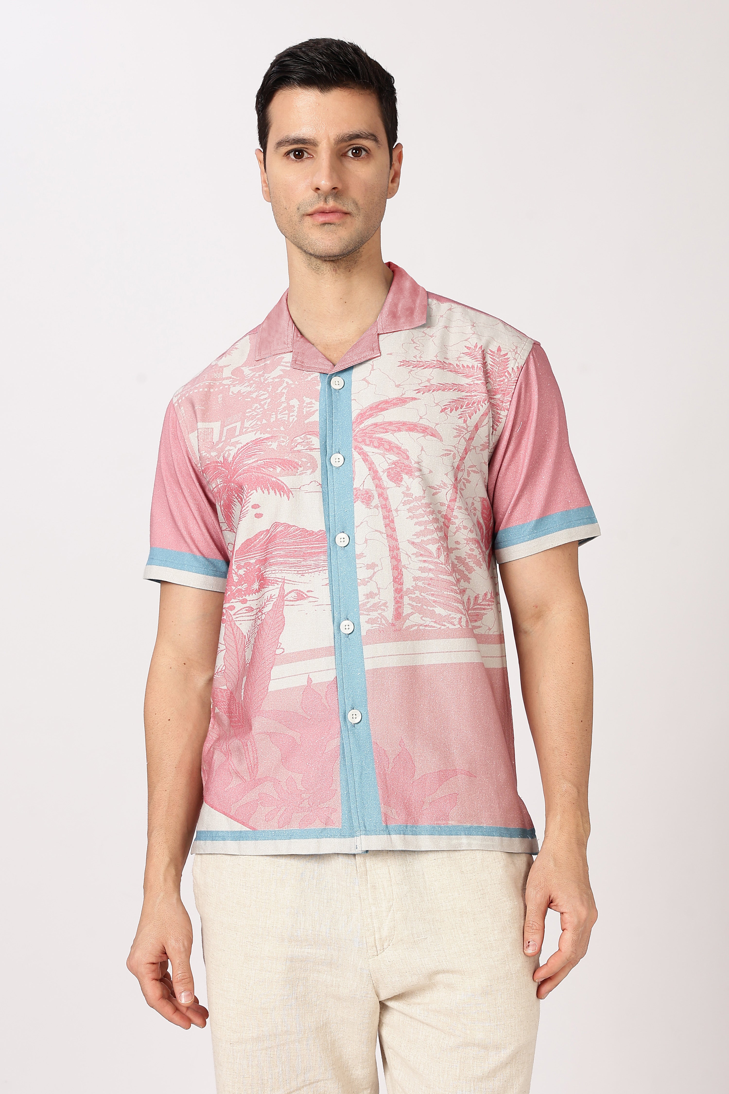 Sunset Tropics Cotton Box Fit Pink Printed Shirt