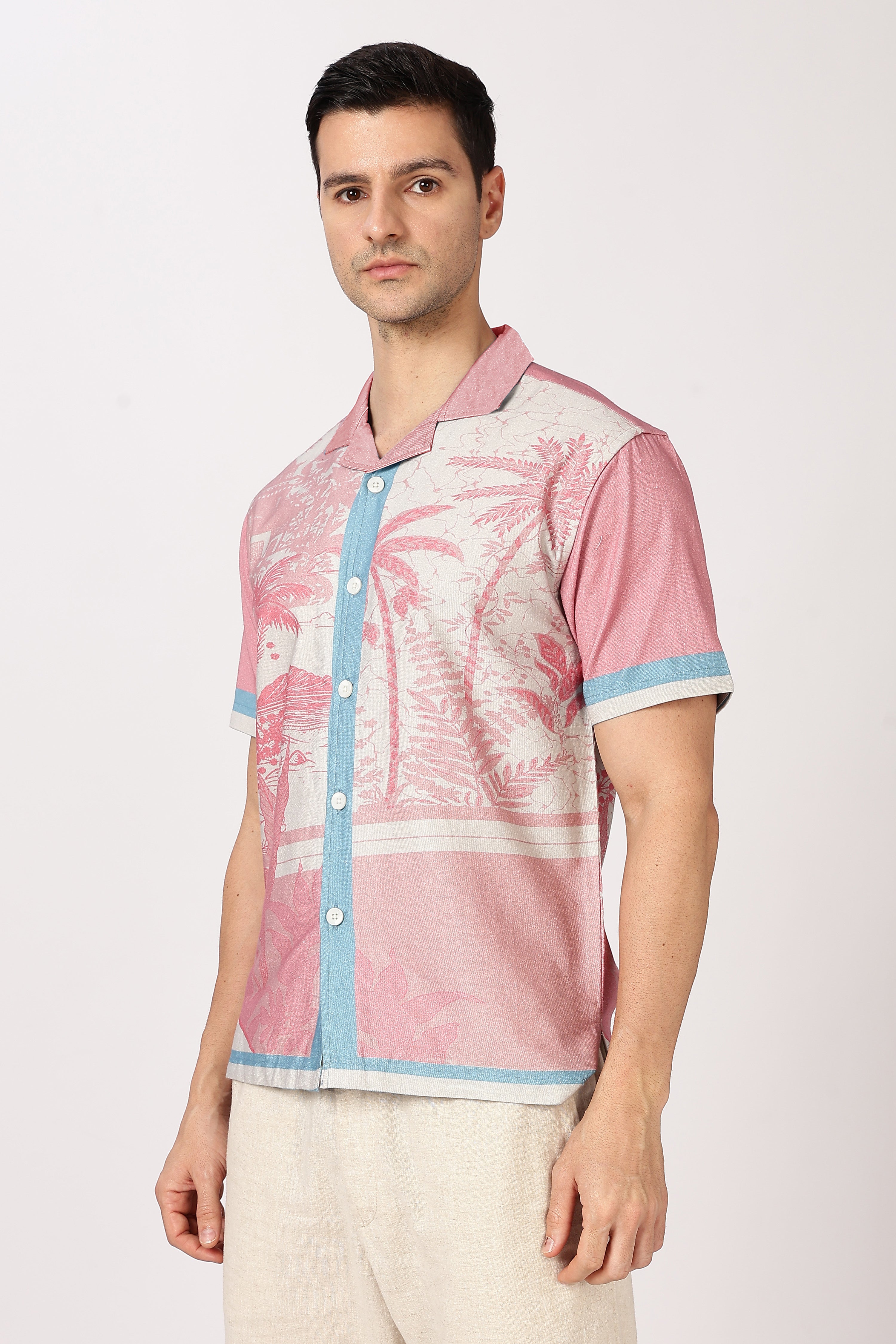 Sunset Tropics Cotton Box Fit Pink Printed Shirt