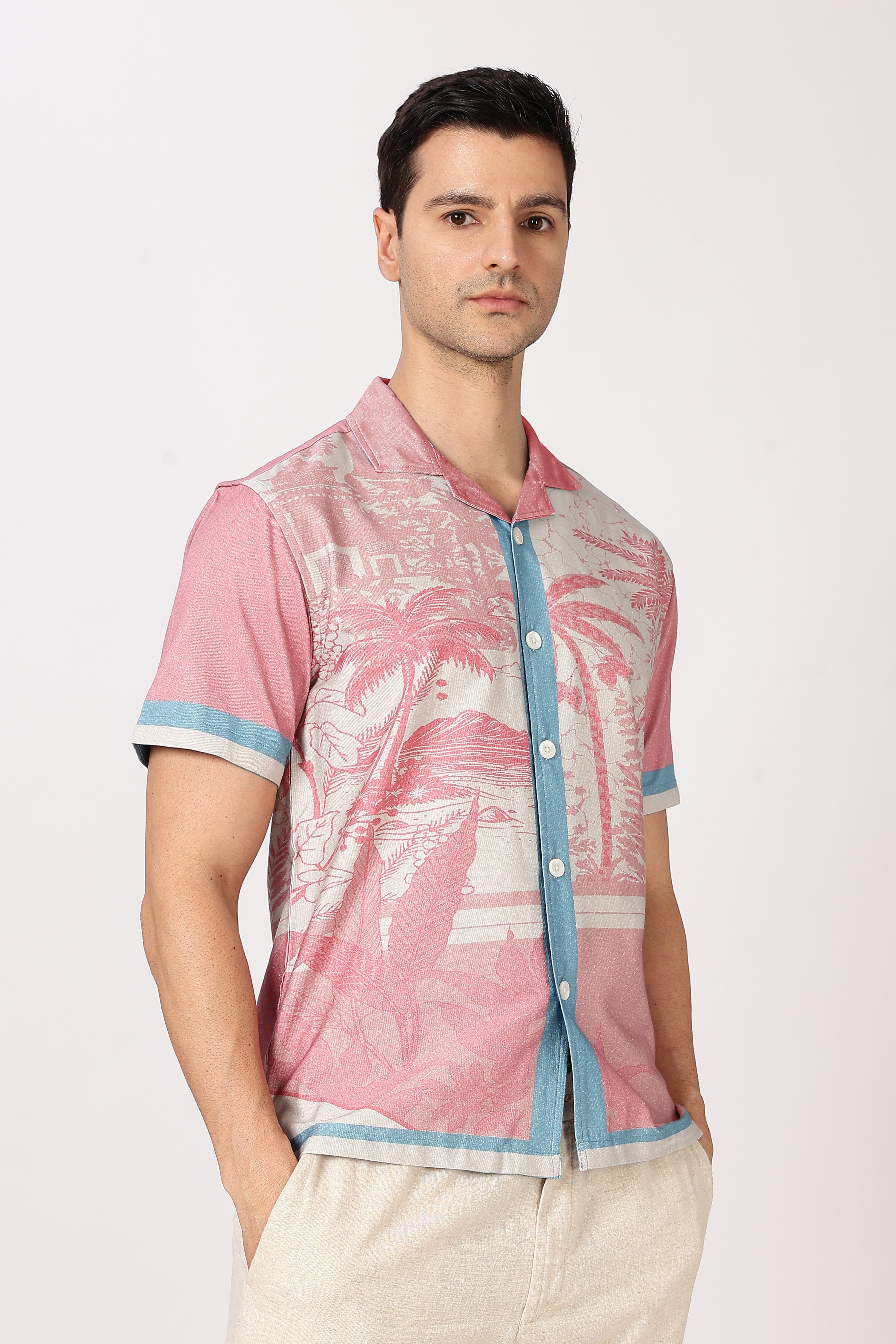 Sunset Tropics Cotton Box Fit Pink Printed Shirt