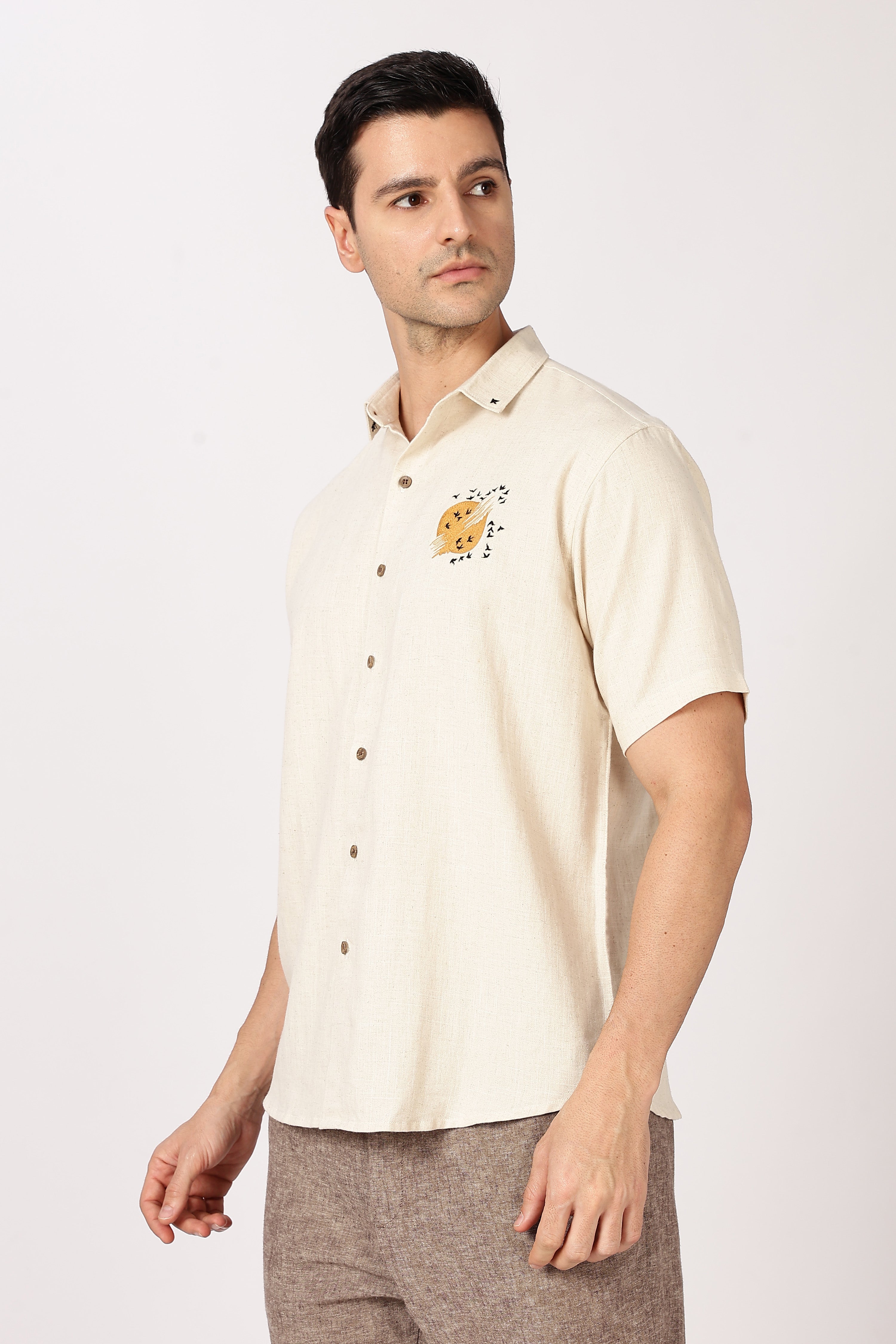 Sunflight Cotton Regular Fit Beige Embroidered Shirt