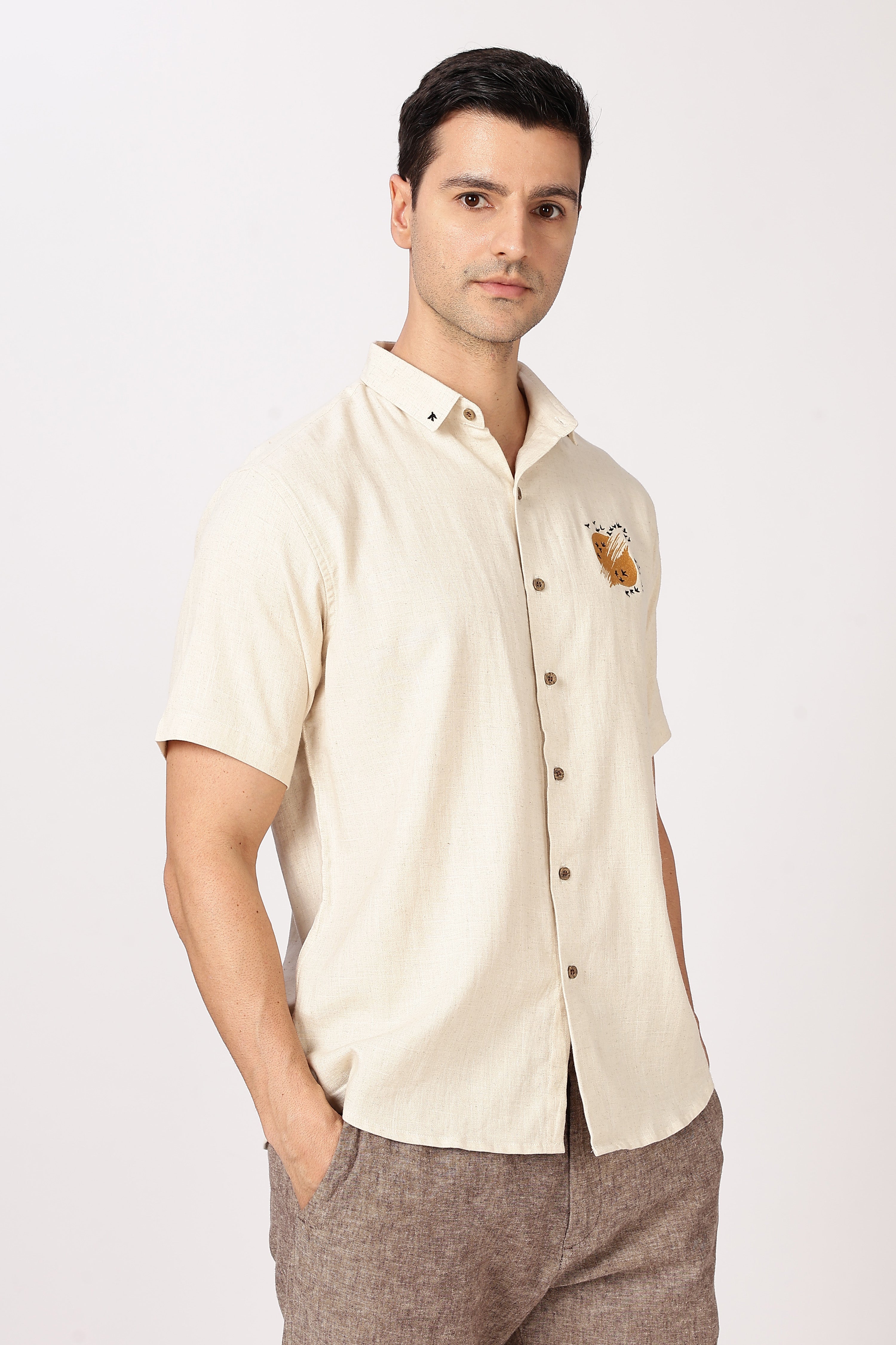 Sunflight Cotton Regular Fit Beige Embroidered Shirt