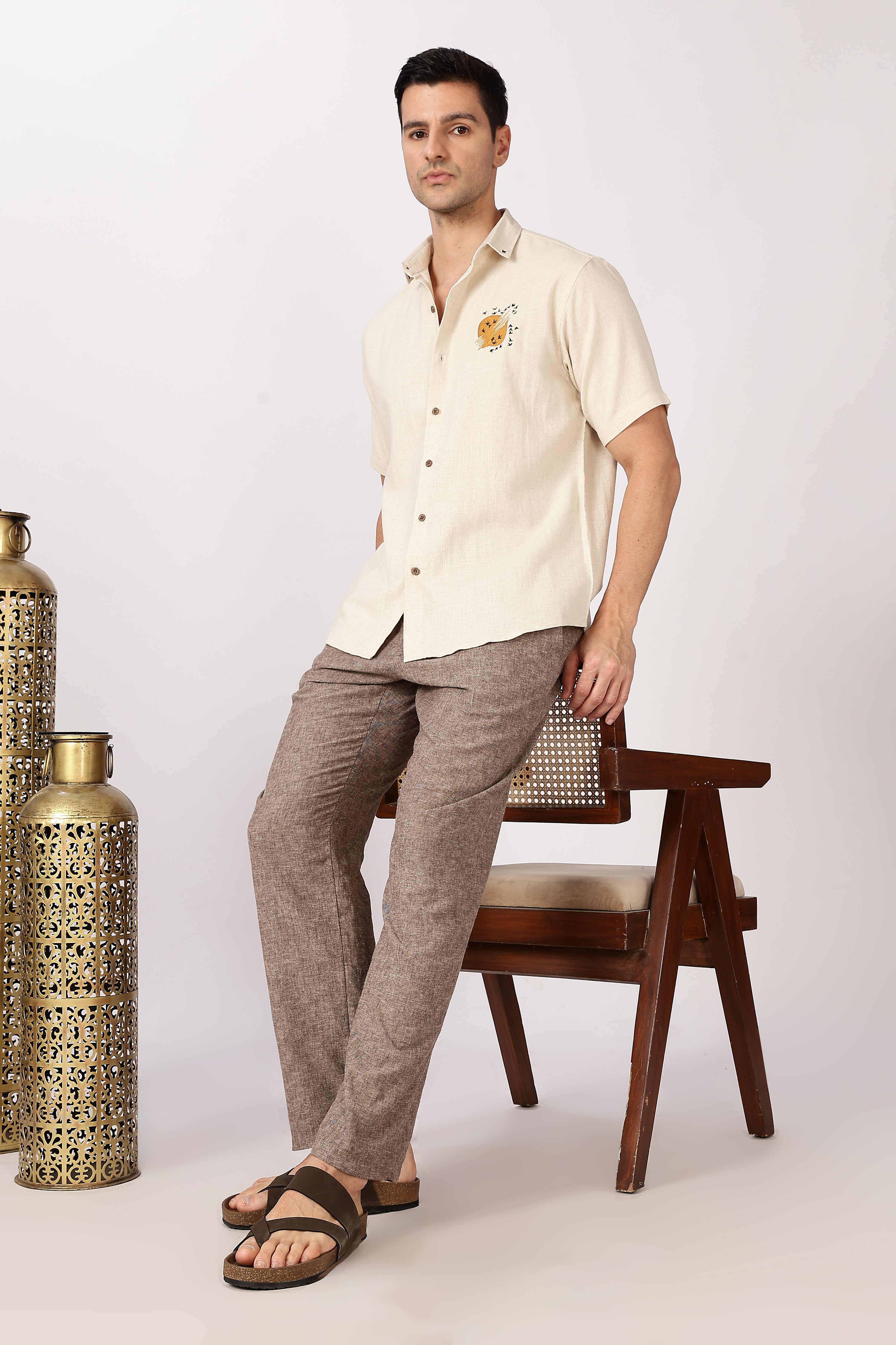 Sunflight Cotton Regular Fit Beige Embroidered Shirt