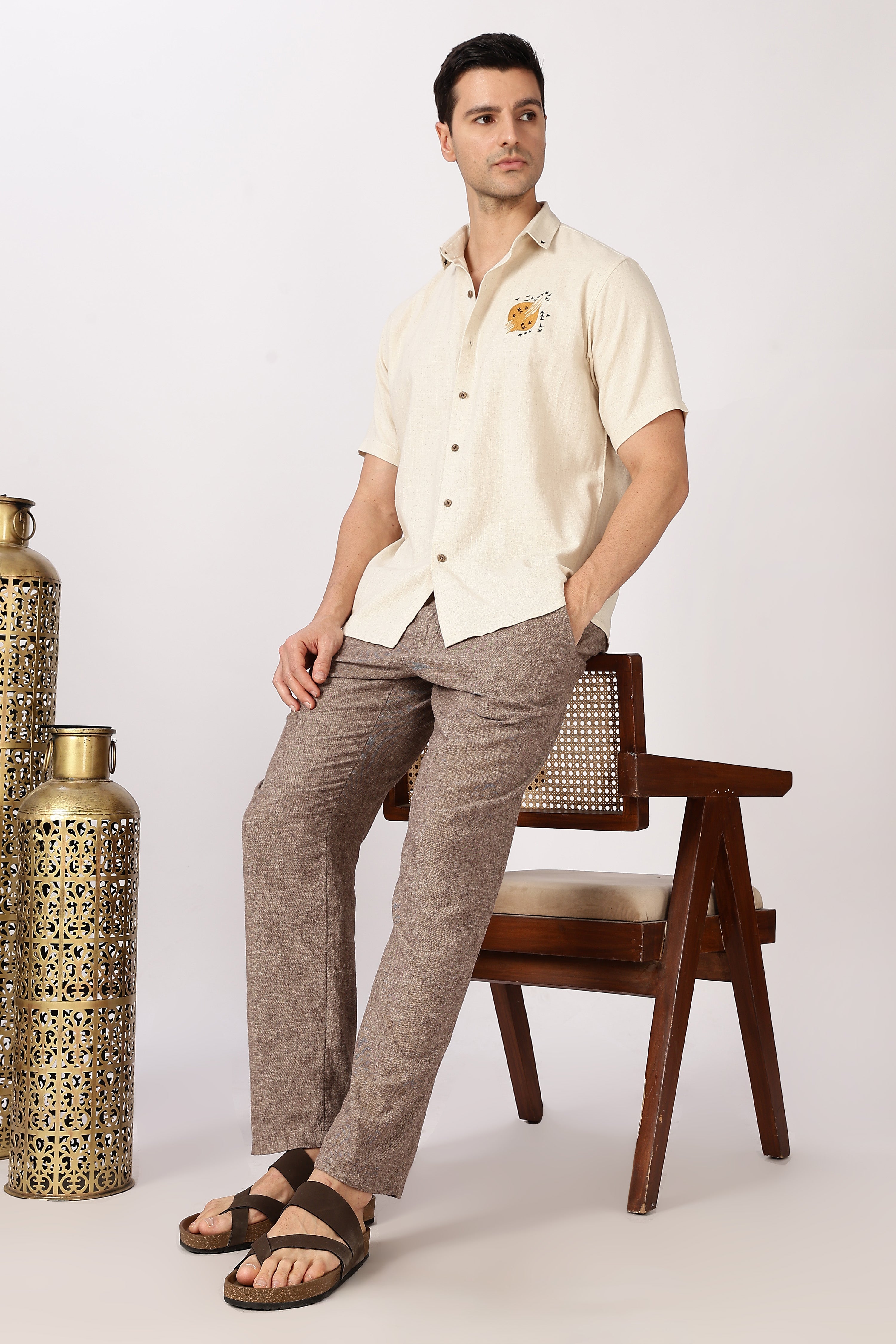 Sunflight Cotton Regular Fit Beige Embroidered Shirt