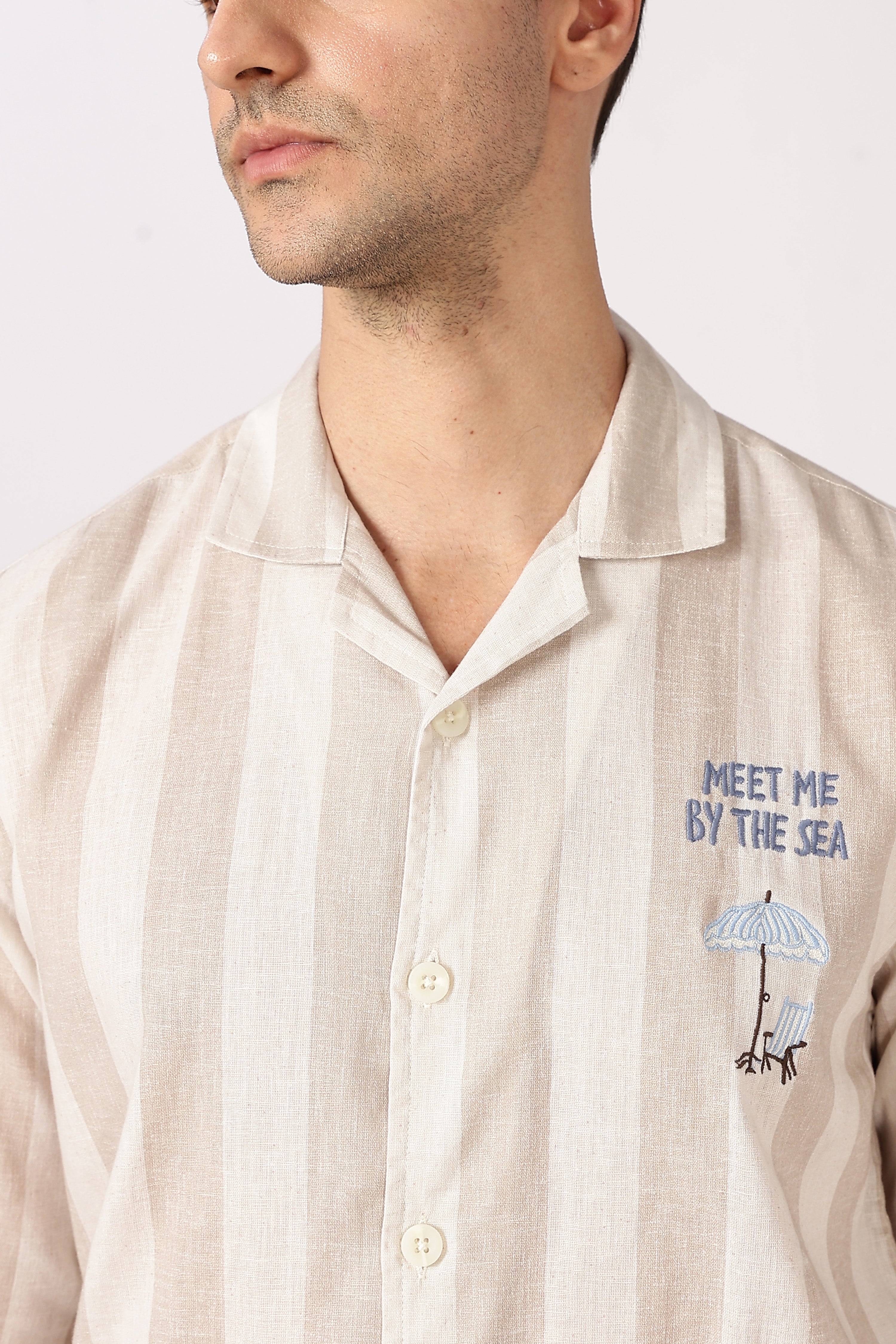 Seaside Meet Cotton Box Fit Brown Embroidered Shirt
