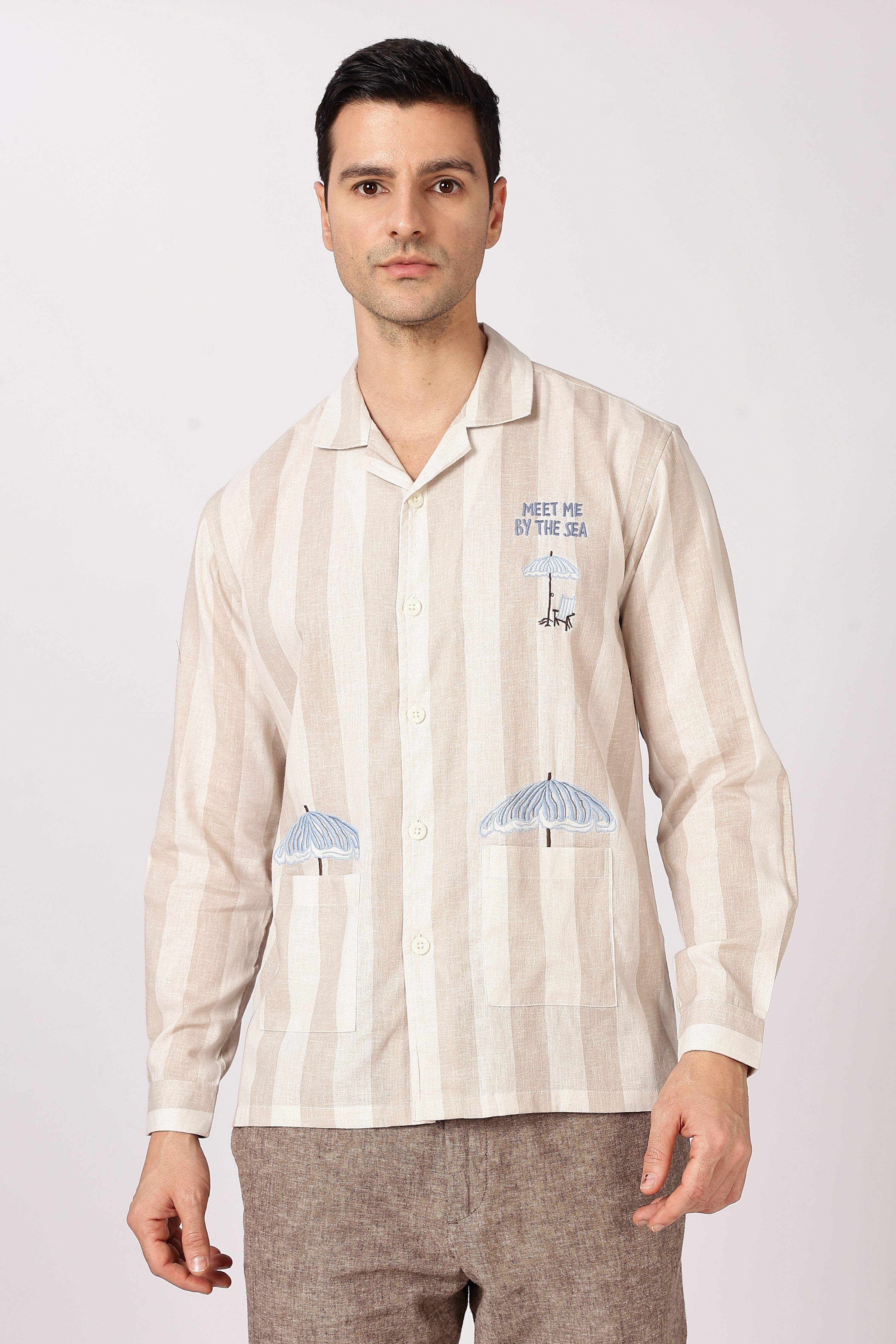Seaside Meet Cotton Box Fit Brown Embroidered Shirt