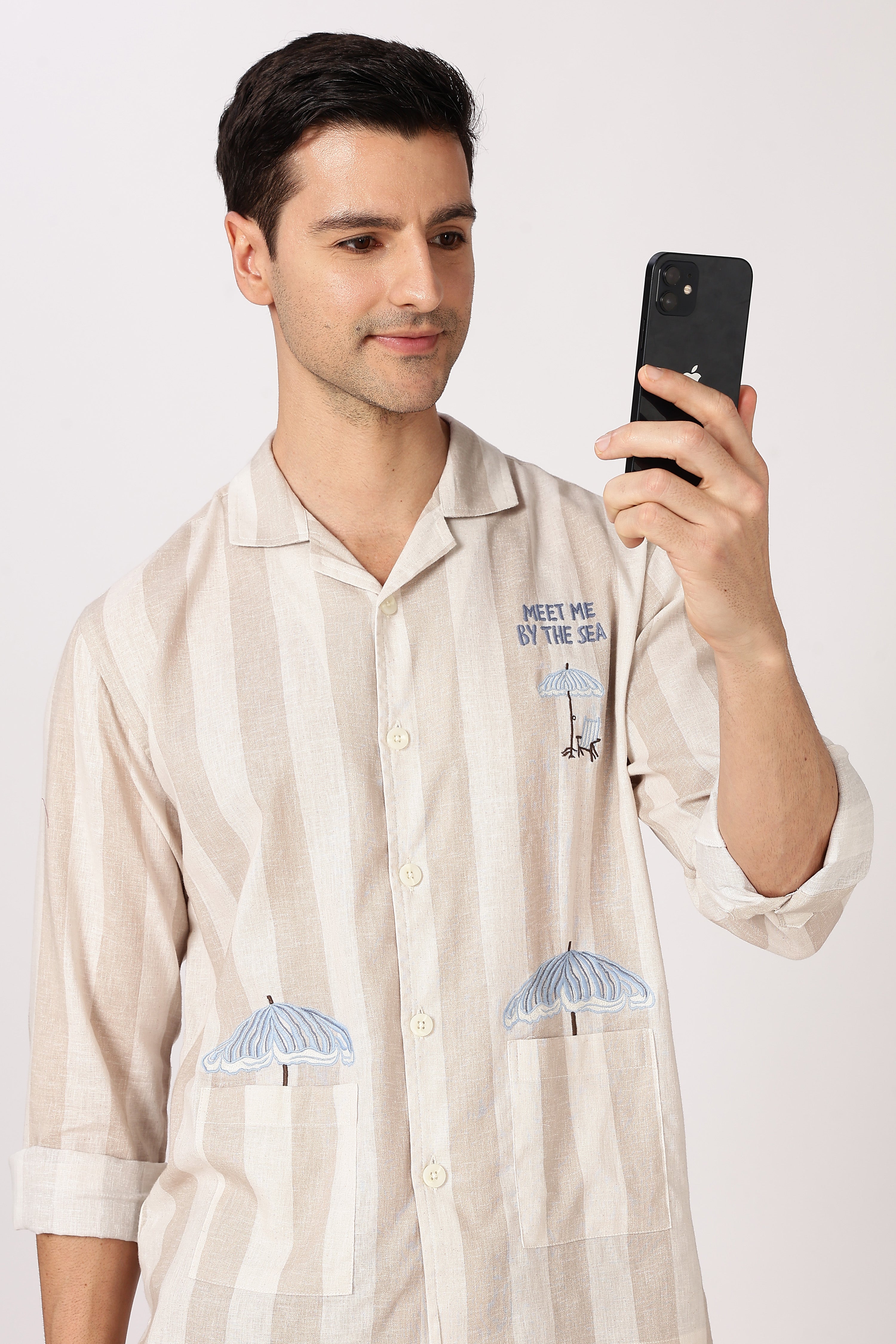 Seaside Meet Cotton Box Fit Brown Embroidered Shirt