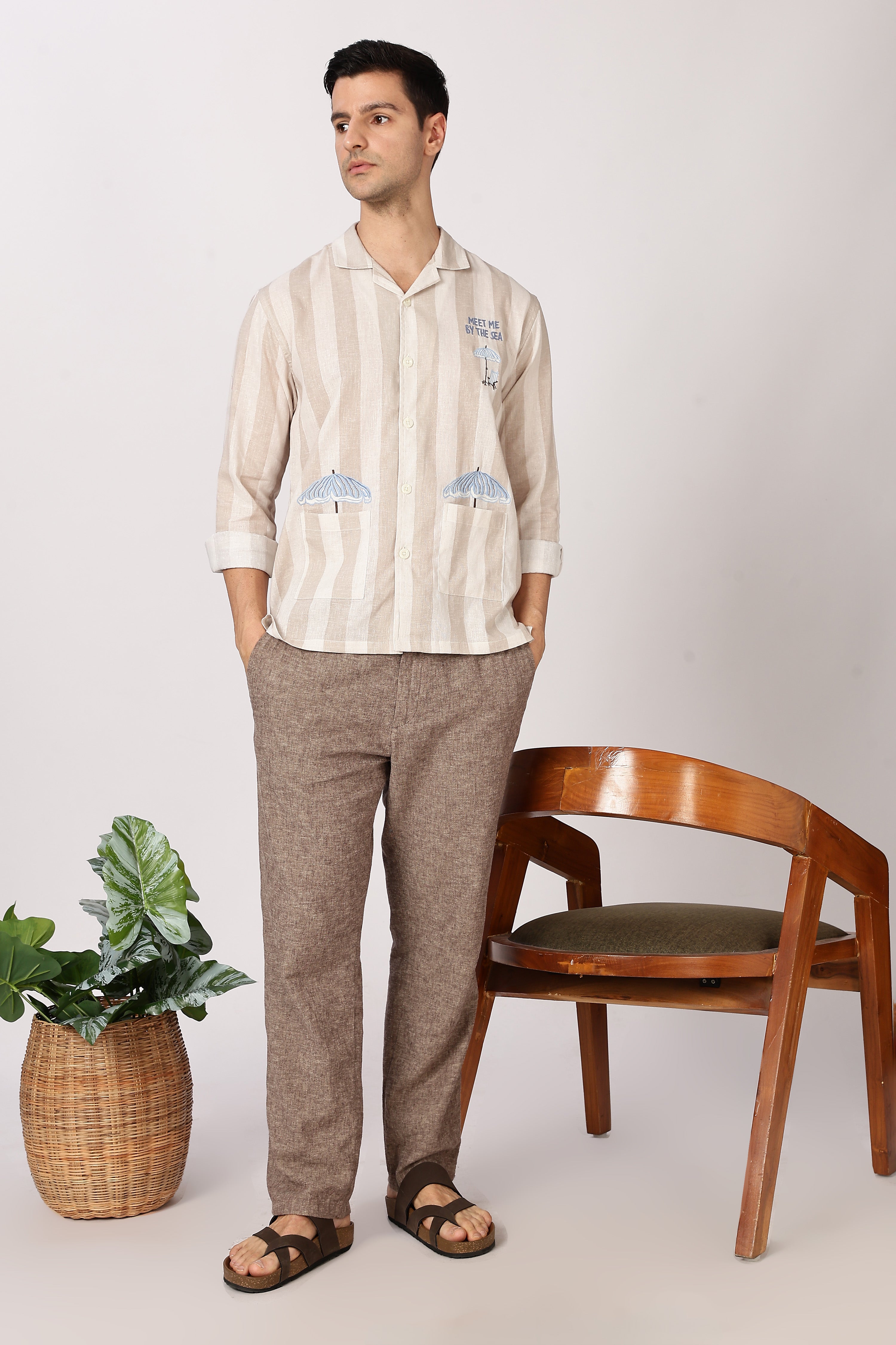 Seaside Meet Cotton Box Fit Brown Embroidered Shirt