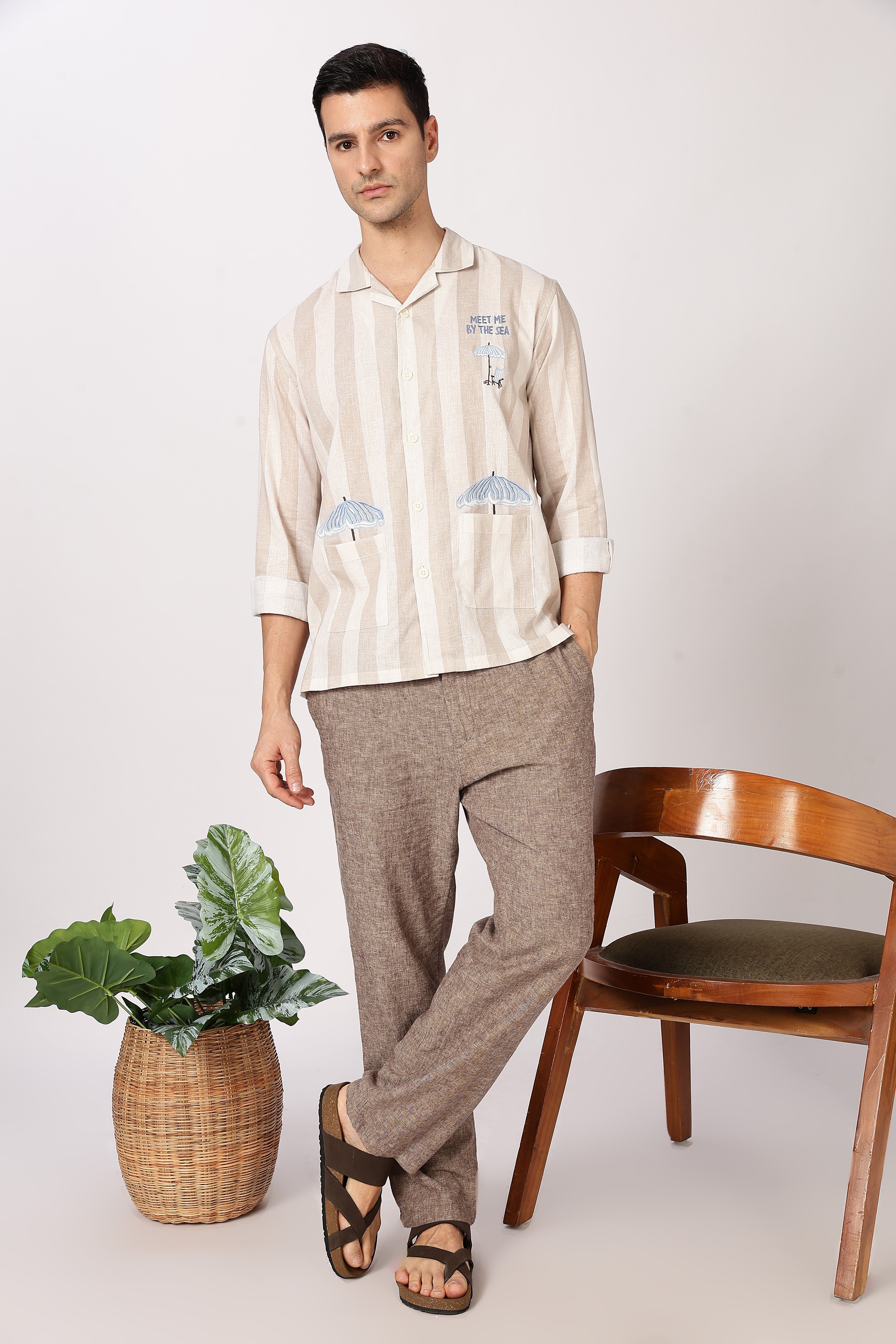 Seaside Meet Cotton Box Fit Brown Embroidered Shirt