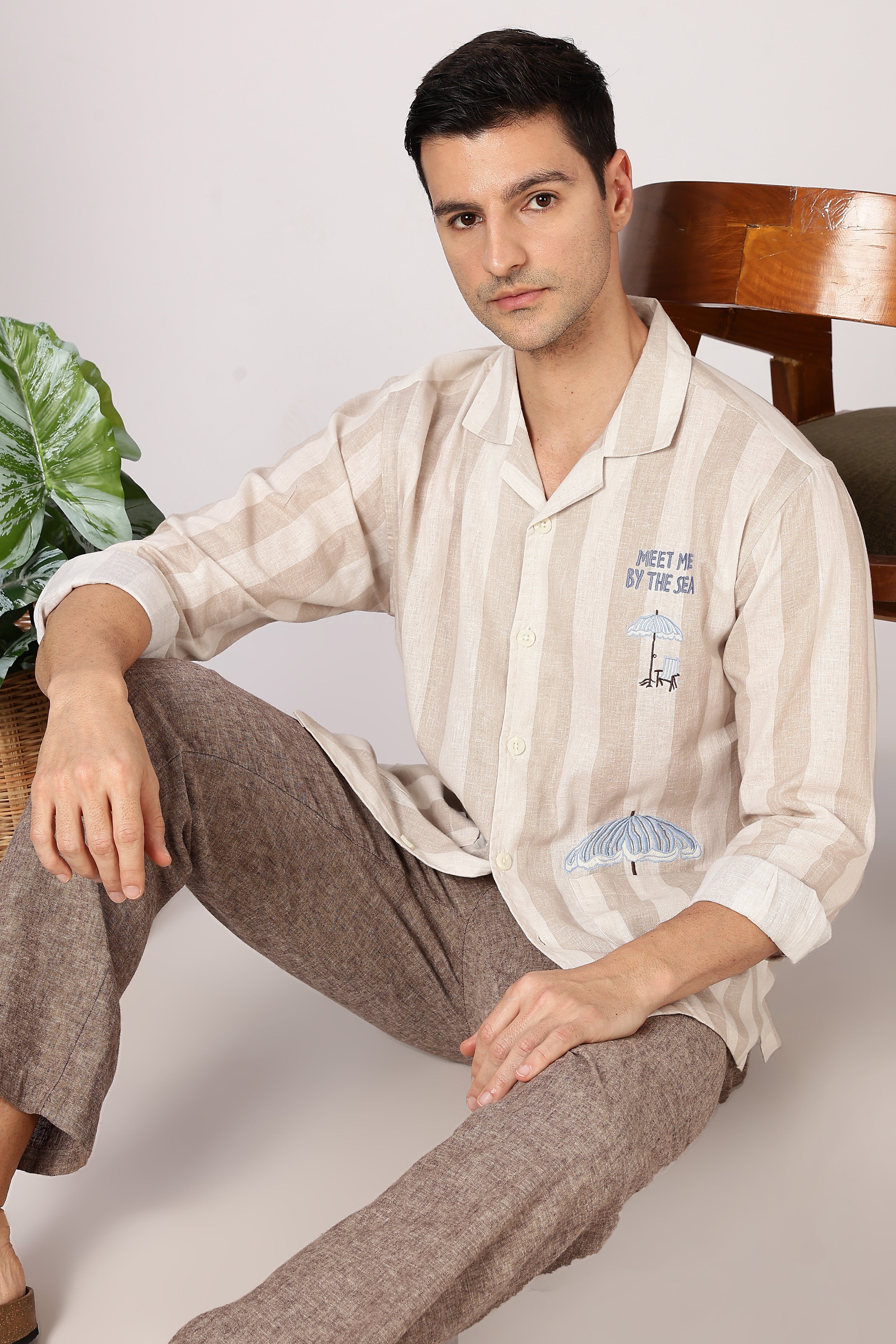 Seaside Meet Cotton Box Fit Brown Embroidered Shirt
