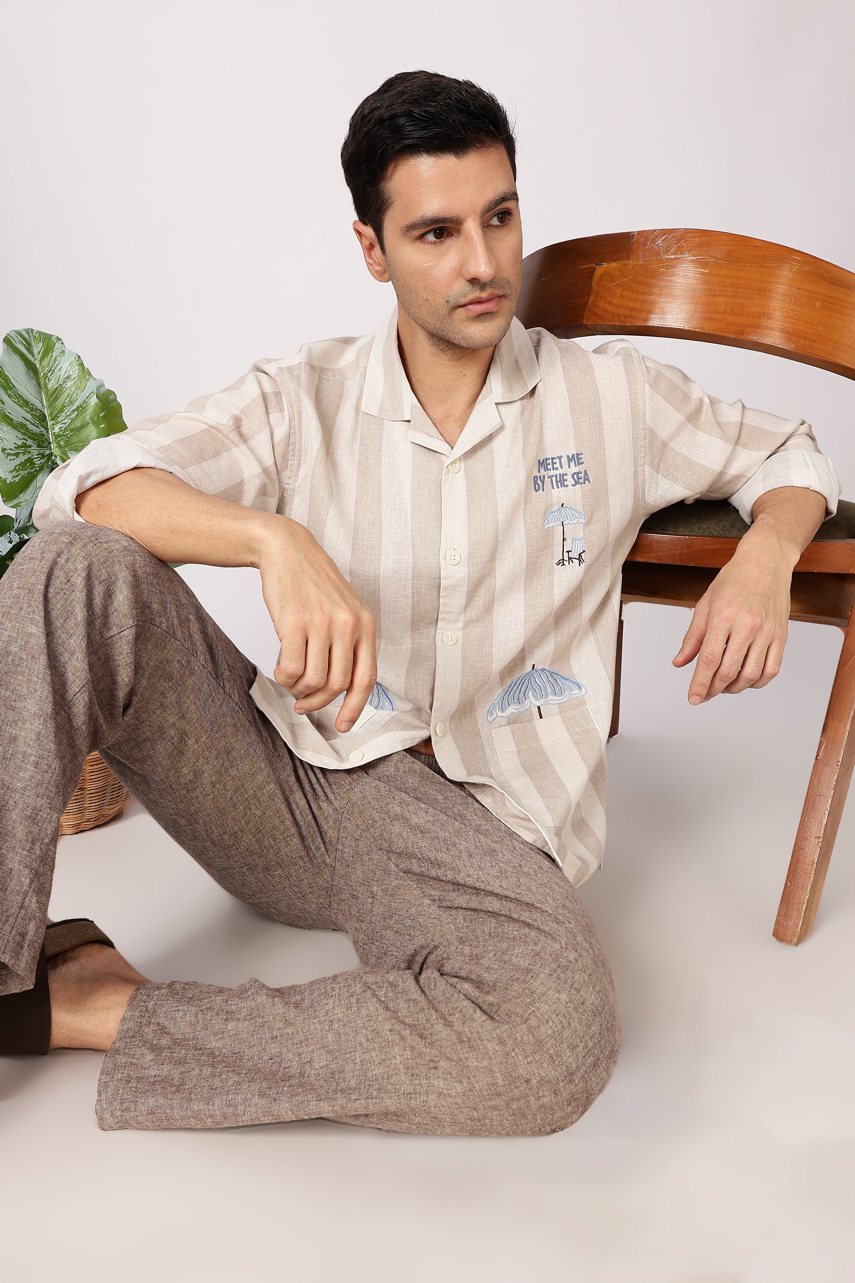 Seaside Meet Cotton Box Fit Brown Embroidered Shirt