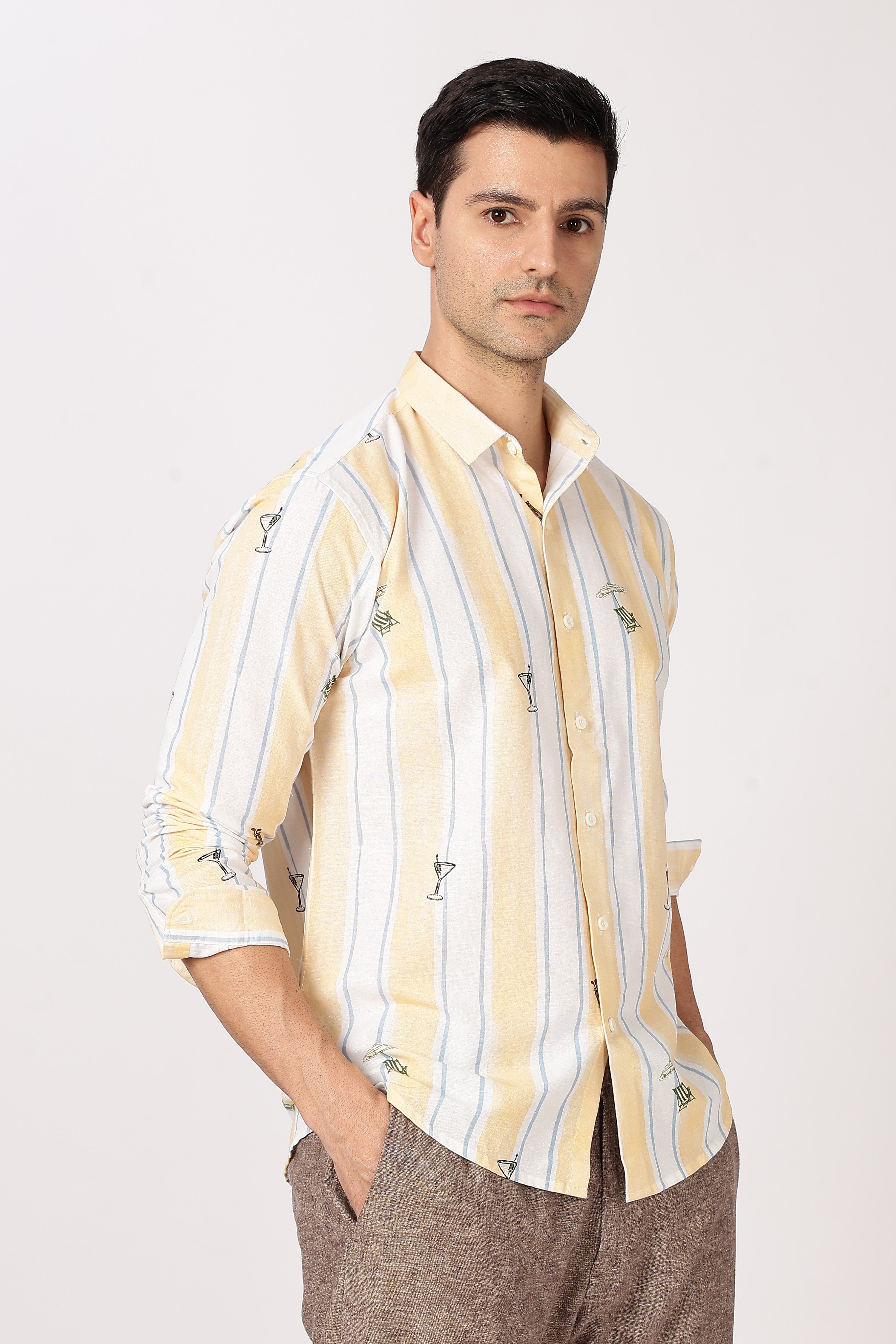 Sunset Spritz Cotton Regular Fit Yellow Striped Shirt