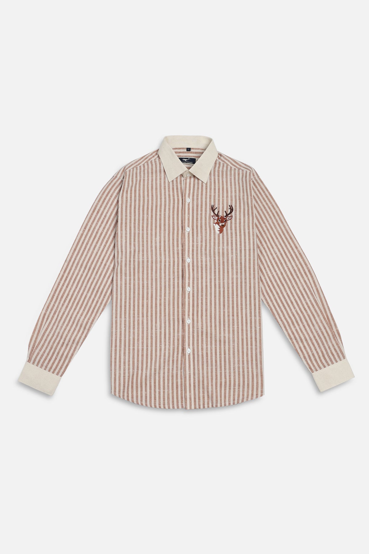 Stag Crest Cotton Regular Fit Brown Striped Embroidered Shirt
