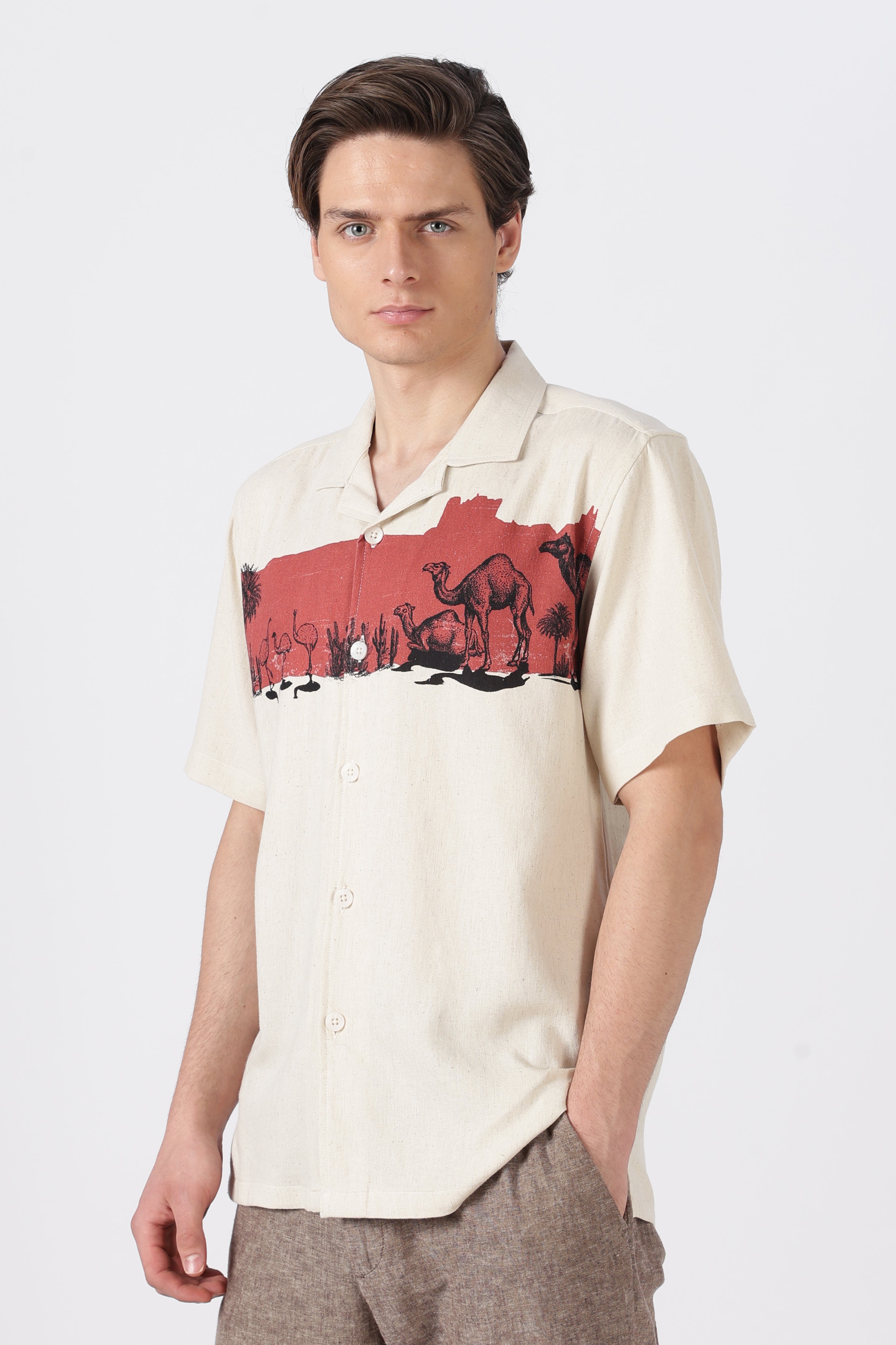 Desert Caravan Cotton Box Fit Beige Printed Shirt