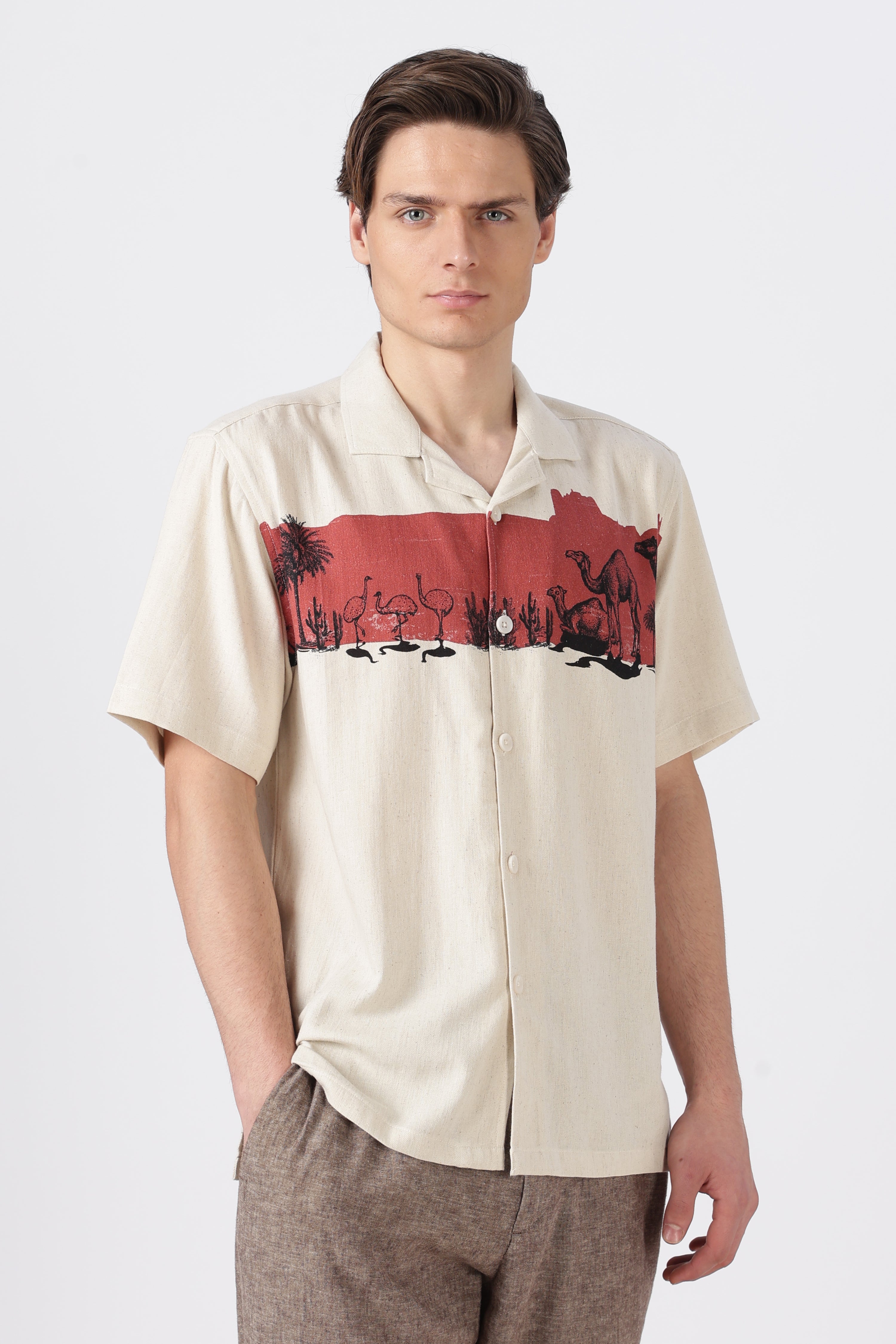 Desert Caravan Cotton Box Fit Beige Printed Shirt