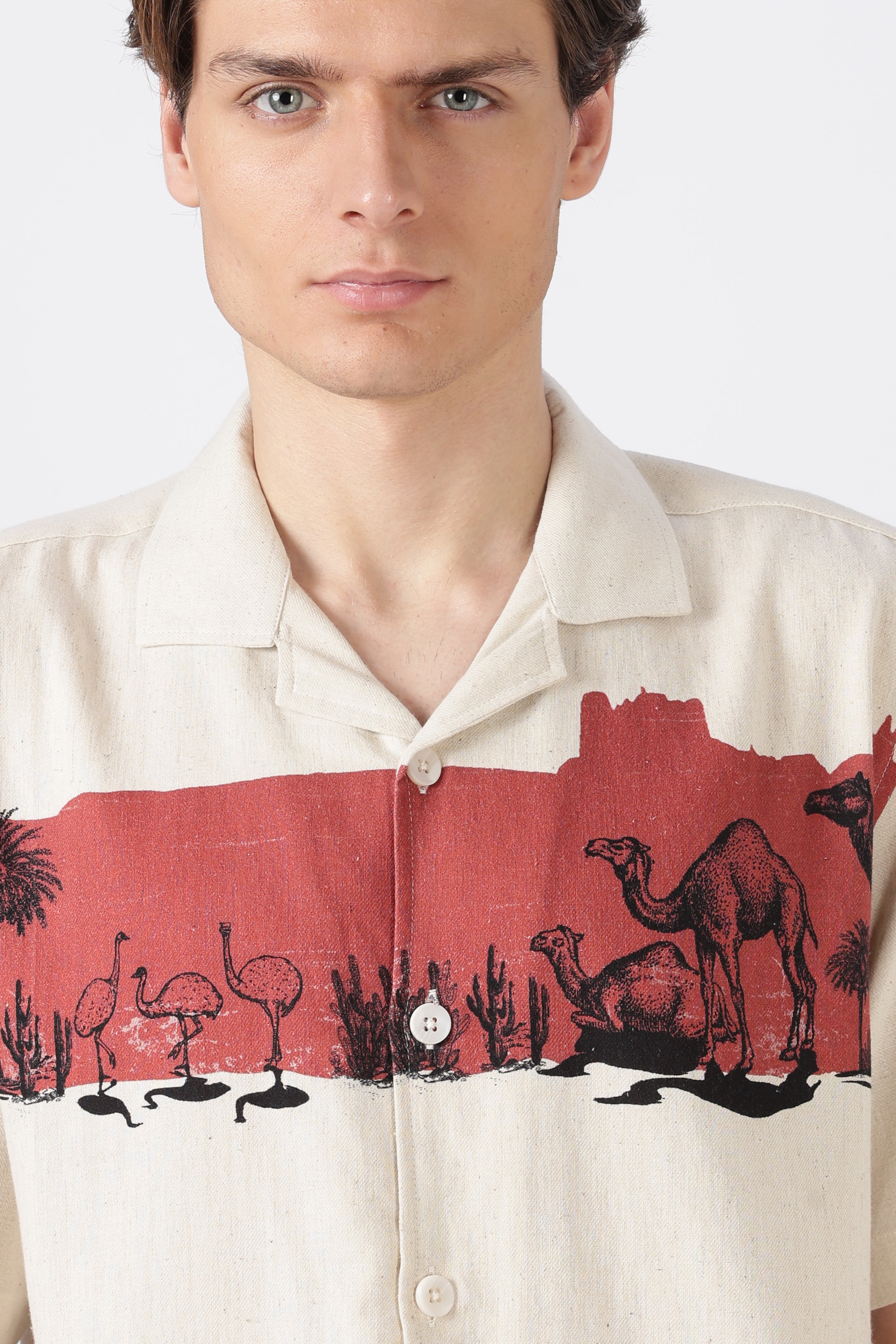 Desert Caravan Cotton Box Fit Beige Printed Shirt