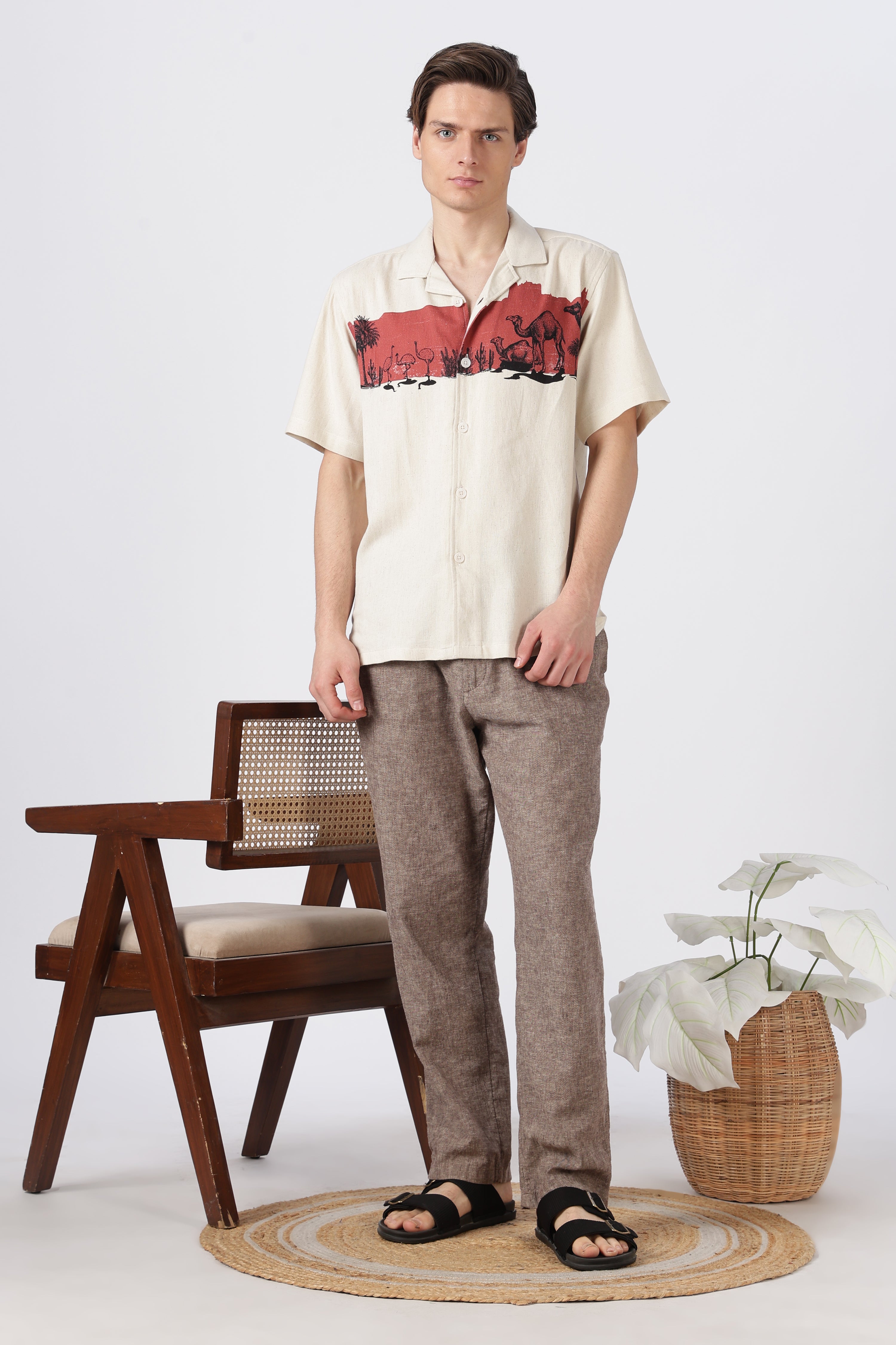 Desert Caravan Cotton Box Fit Beige Printed Shirt