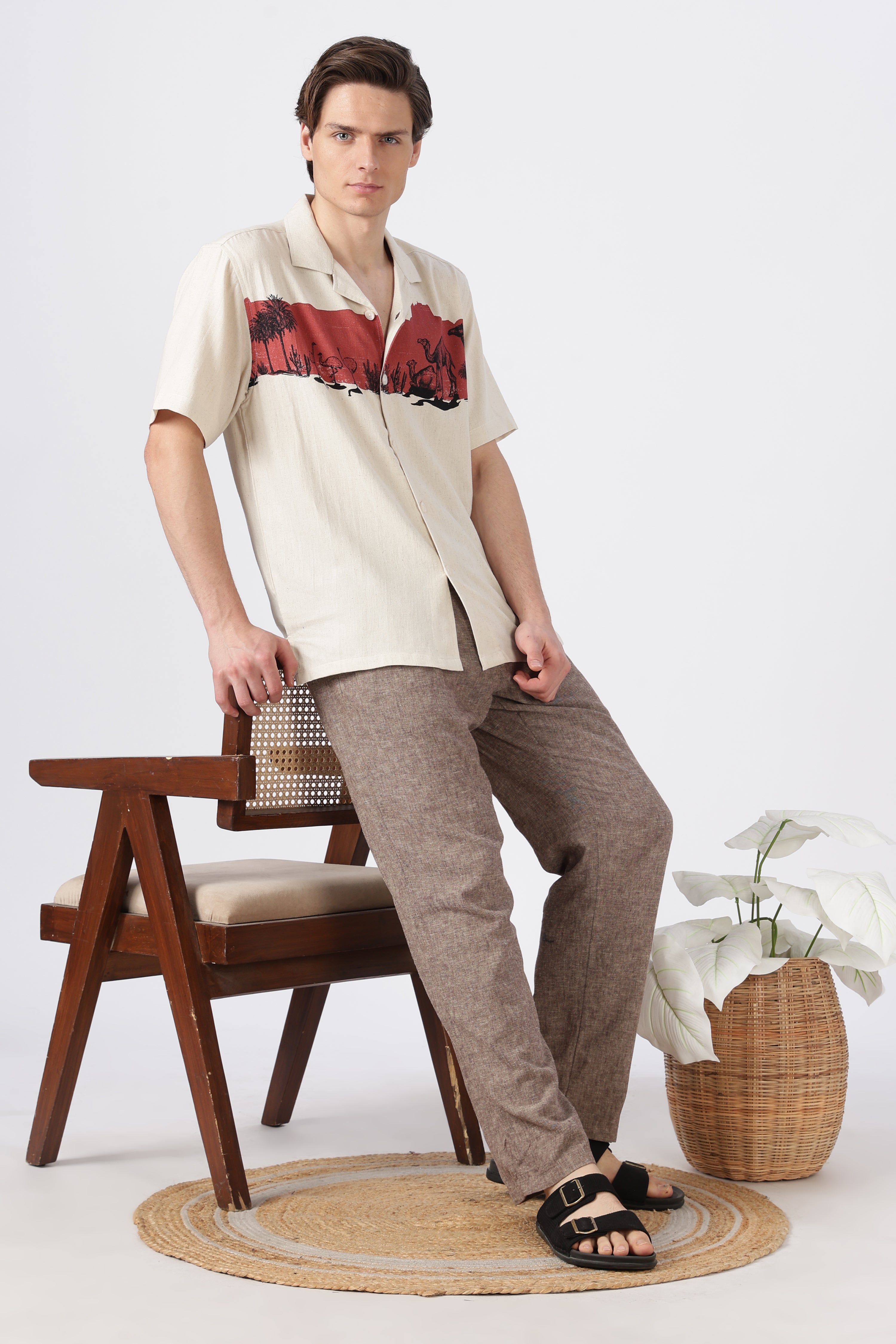 Desert Caravan Cotton Box Fit Beige Printed Shirt